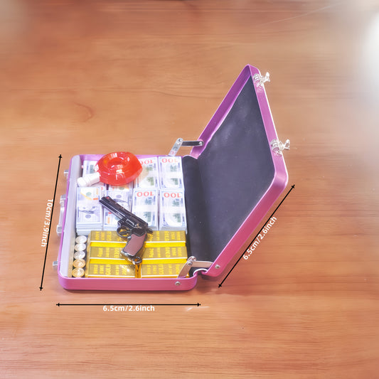 1:6 Scale Miniature Pink Briefcase Set - Includes Mini GoldenBars, Mini XO, Vintage Coins, Mini Dollar Bills and Mini Revolver  - Unique Adult Novelty Toys, Creative Gift and Dollhouse Accessories