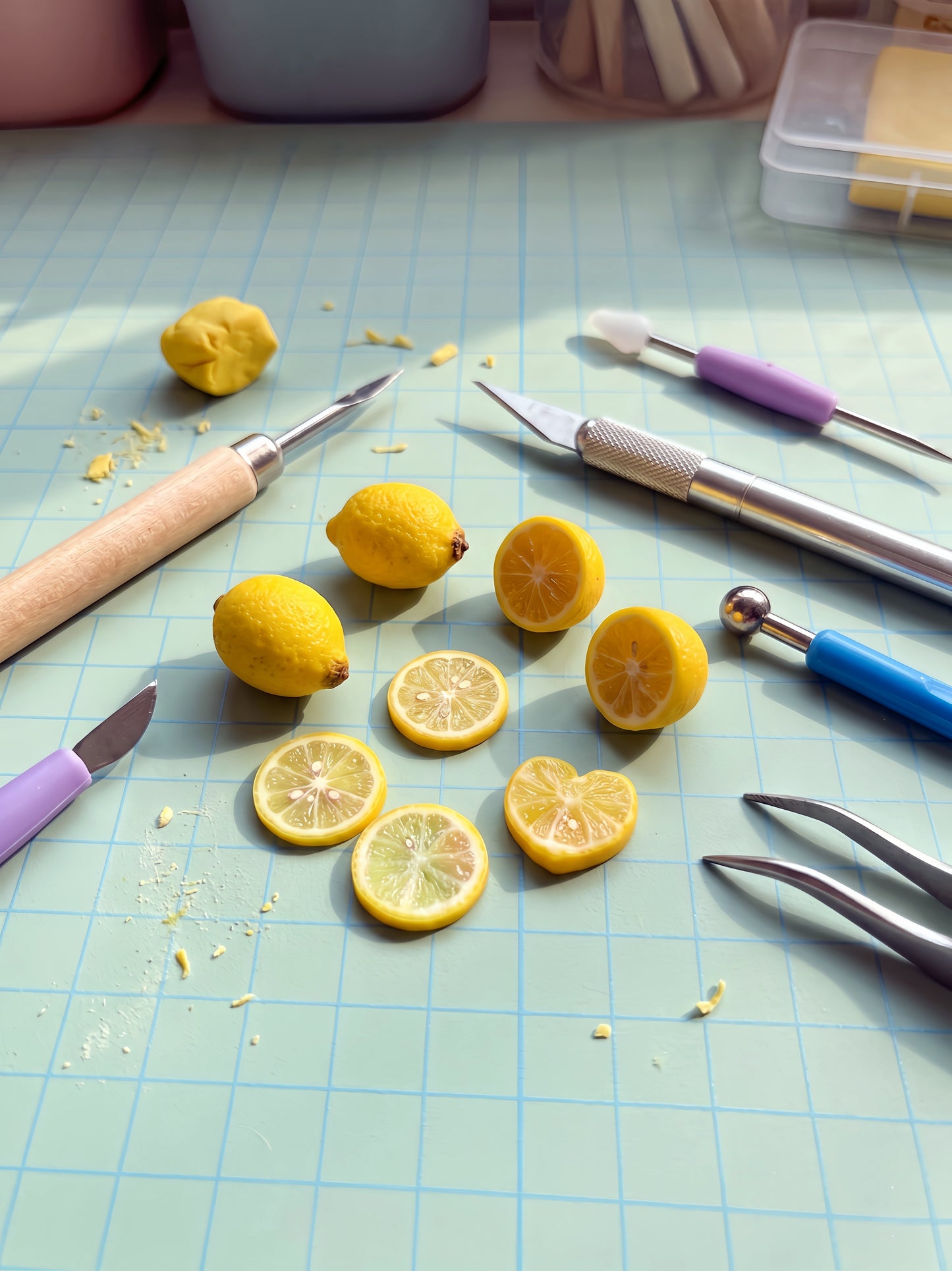 6Pcs Miniature Lemons Set – Realistic 1:12 Scale Dollhouse Lemons with Heart-Shaped Slice, Tiny Fake Fruit for Dioramas, Polymer Clay Food Miniatures