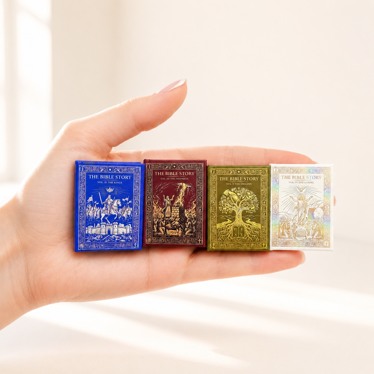 Miniature Bible Story Books - Set of 4 Hand-Finished 1:6 Scale Dollhouse Books with Gold-Embossed Covers & Real Full-Color Illustrated Pages, Readable Tiny Books for Blythe & Barbie Dioramas, Collectible Miniatures