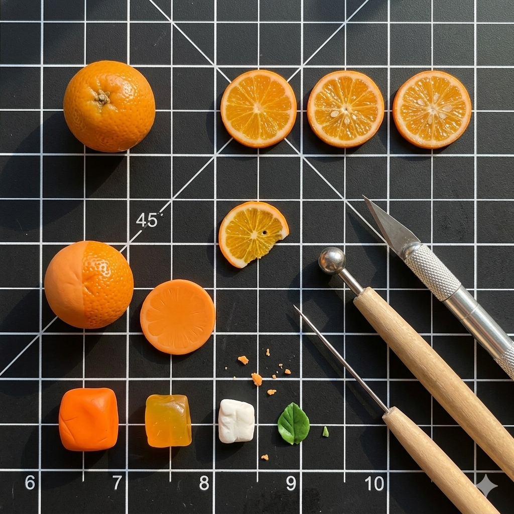 8Pcs Miniature Orange Set – Hand-Sculpted 1:12 Scale Dollhouse Oranges with Translucent Slices and Green Leaves, Realistic Tiny Citrus for Dioramas, Resin Jewelry & Polymer Clay Food Miniatures