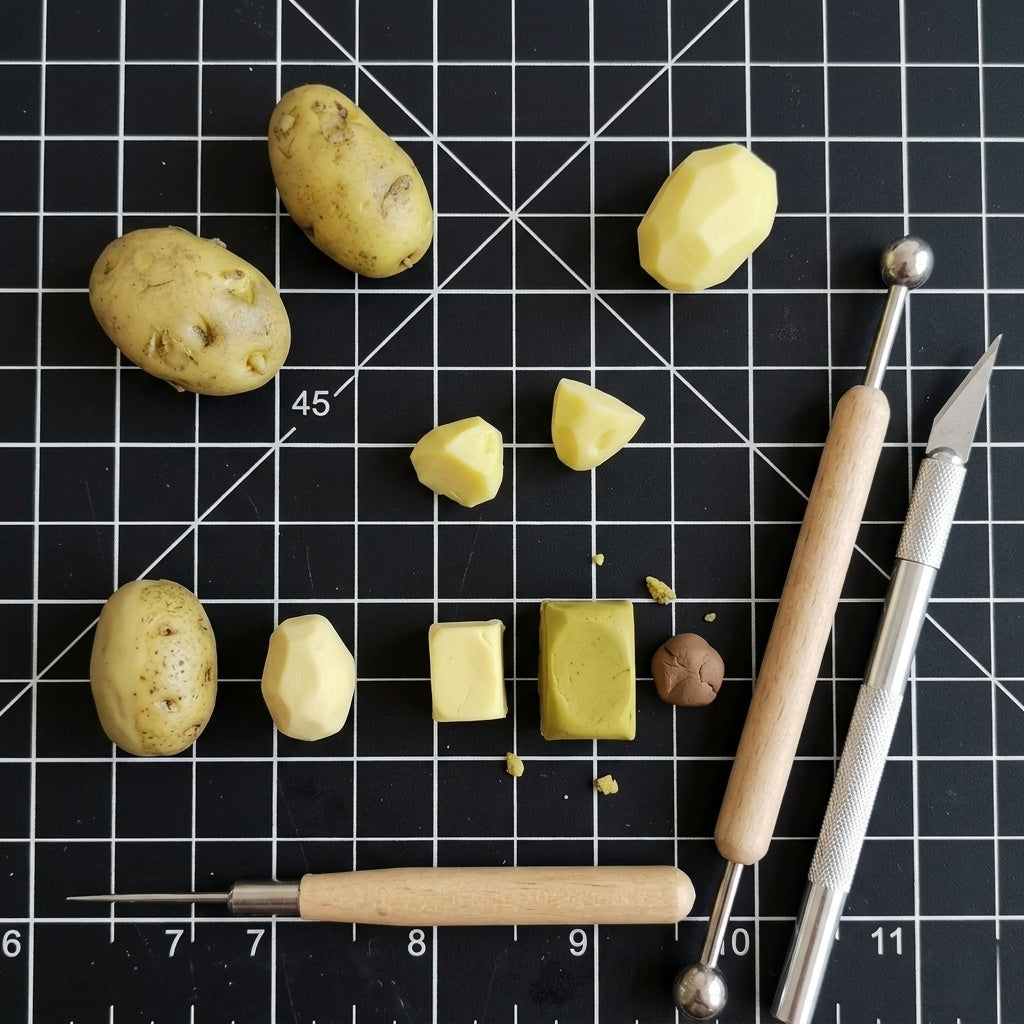 7Pcs Miniature Potato Set – Hand-Sculpted 1:6 Scale Dollhouse Potatoes with Skin-On, Peeled and Cut Pieces, Realistic Tiny Vegetables for Blythe & Barbie Kitchen Dioramas & Polymer Clay Food Miniatures