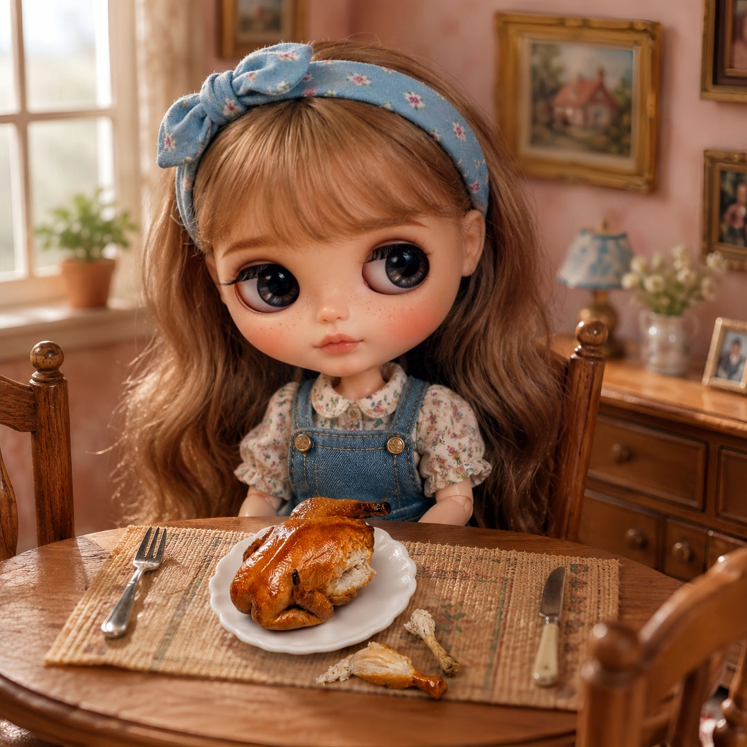 Miniature Roast Chicken Set - Hand-Sculpted 1:6 Scale Dollhouse Whole Roast Chicken with Torn Drumsticks & Plate, Realistic Tiny Food for Blythe & Barbie Dioramas, Polymer Clay Food