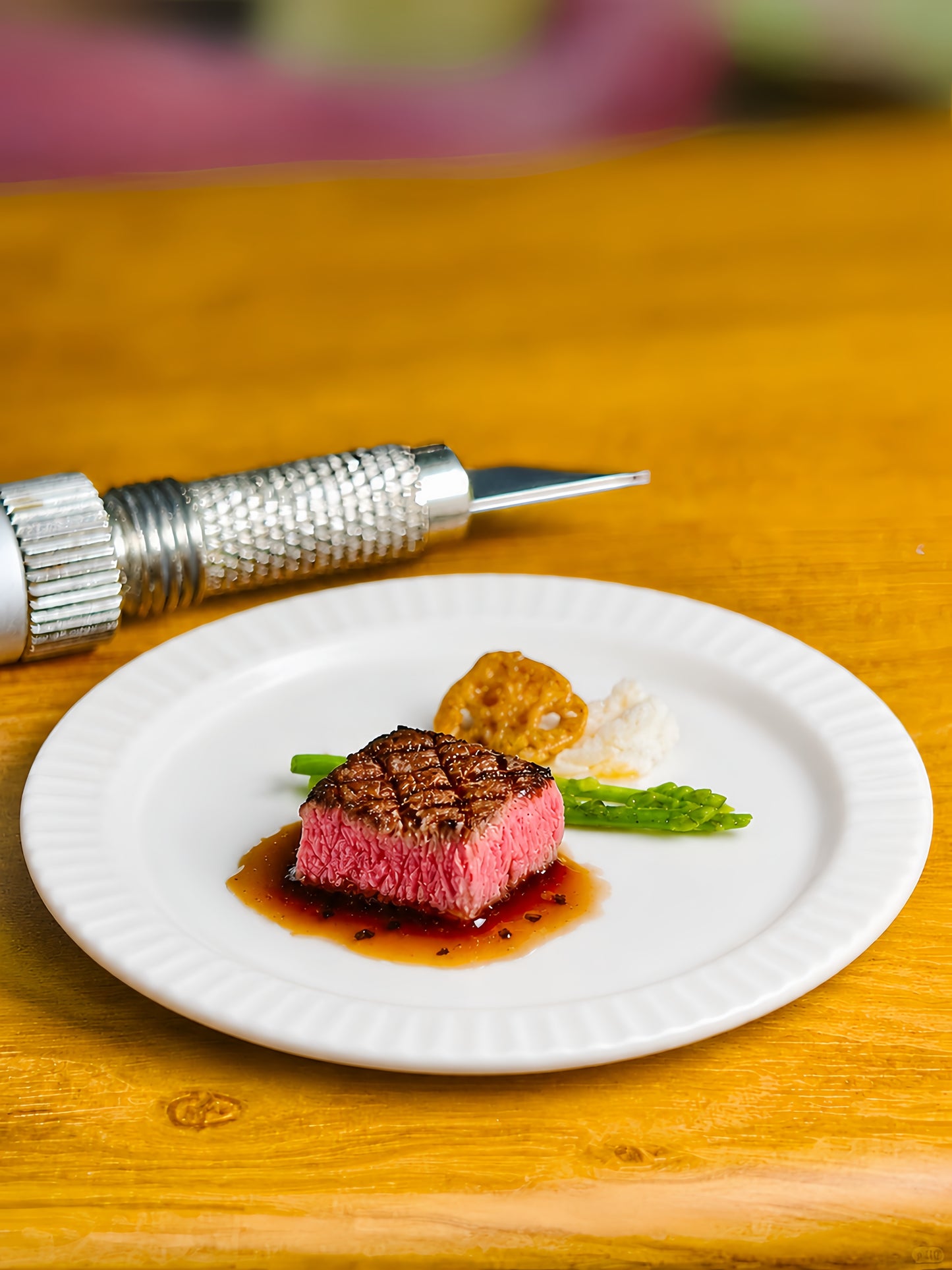 Miniature Grilled Steak - Hand-Sculpted 1:6 Scale Fine Dining Filet Mignon with Red Wine Jus, Asparagus & Purée, Realistic Tiny Gourmet Plated Dish for Blythe & Barbie Dioramas, Polymer Clay Food