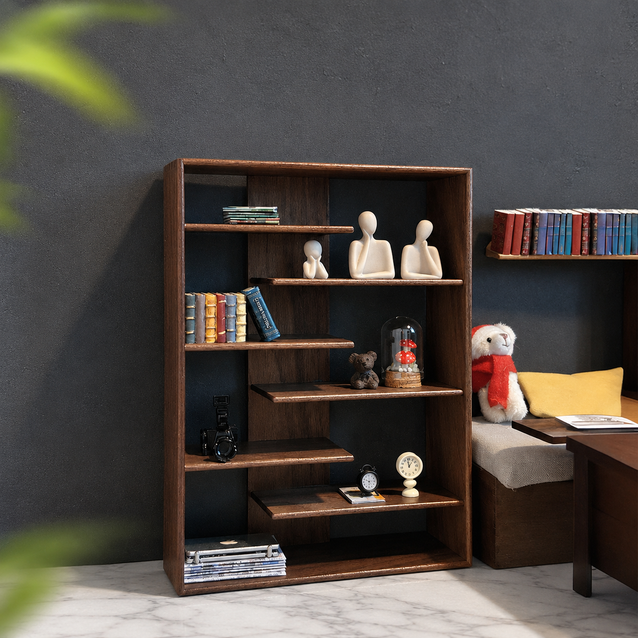 FDMINI Mini Wooden Bookshelf – 2 Wood Finishes Miniature Display Shelf & Shelving Unit for 1:12 Scale Dollhouse, Roombox & DIY Scenes