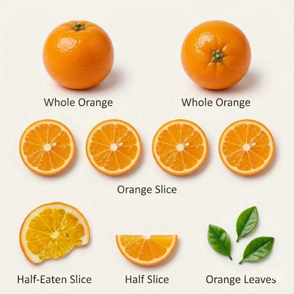 8Pcs Miniature Orange Set – Hand-Sculpted 1:12 Scale Dollhouse Oranges with Translucent Slices and Green Leaves, Realistic Tiny Citrus for Dioramas, Resin Jewelry & Polymer Clay Food Miniatures