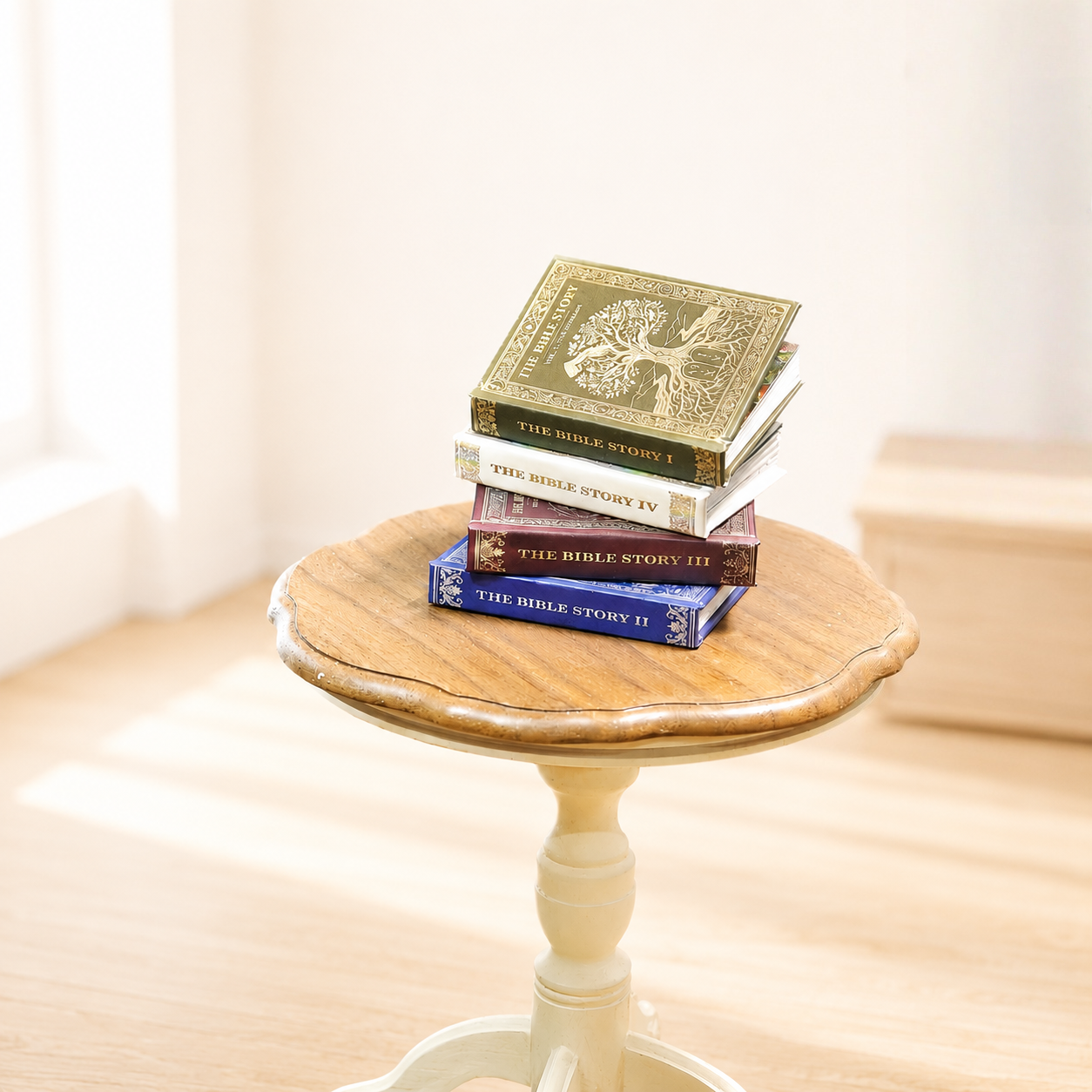 Miniature Bible Story Books - Set of 4 Hand-Finished 1:6 Scale Dollhouse Books with Gold-Embossed Covers & Real Full-Color Illustrated Pages, Readable Tiny Books for Blythe & Barbie Dioramas, Collectible Miniatures