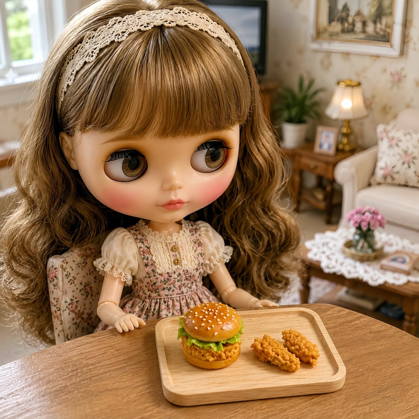 Miniature Burger Collection - Hand-Sculpted 1:6 Scale Dollhouse Burgers, 4 Styles: Classic Cheeseburger, Sesame Beef Burger, Fried Chicken Burger & Breakfast Muffin Sandwich, Realistic Tiny Fast Food for Blythe & Barbie Dioramas, Polymer Clay Food