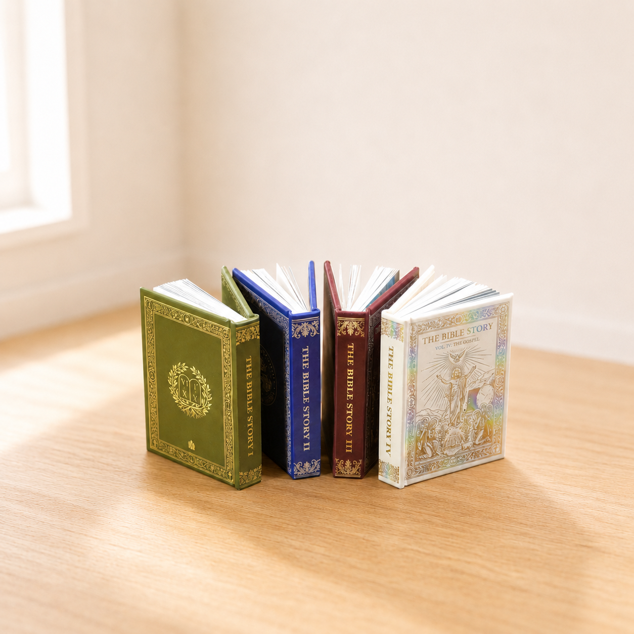 Miniature Bible Story Books - Set of 4 Hand-Finished 1:6 Scale Dollhouse Books with Gold-Embossed Covers & Real Full-Color Illustrated Pages, Readable Tiny Books for Blythe & Barbie Dioramas, Collectible Miniatures