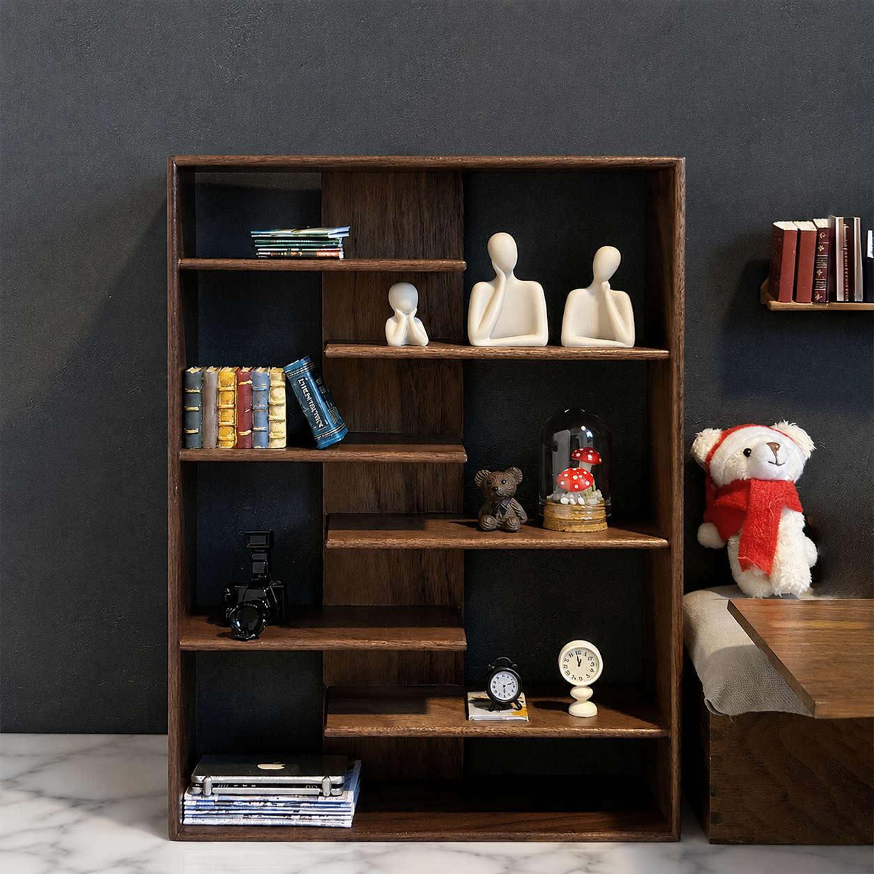 FDMINI Mini Wooden Bookshelf – 2 Wood Finishes Miniature Display Shelf & Shelving Unit for 1:12 Scale Dollhouse, Roombox & DIY Scenes