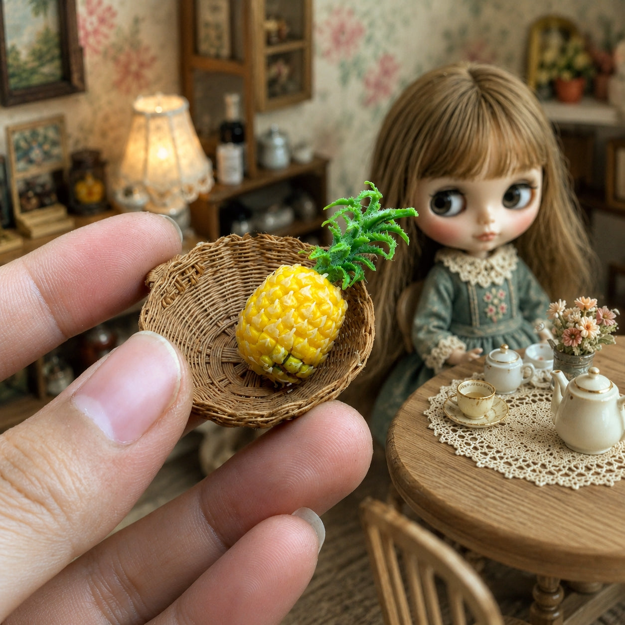 Miniature Pineapple - Hand-Sculpted 1:6 Scale Whole Pineapple with Textured Rind & Spiky Crown, Realistic Tropical Dollhouse Fruit for Blythe & Barbie Dioramas, Resin Jewelry & Polymer Clay Food