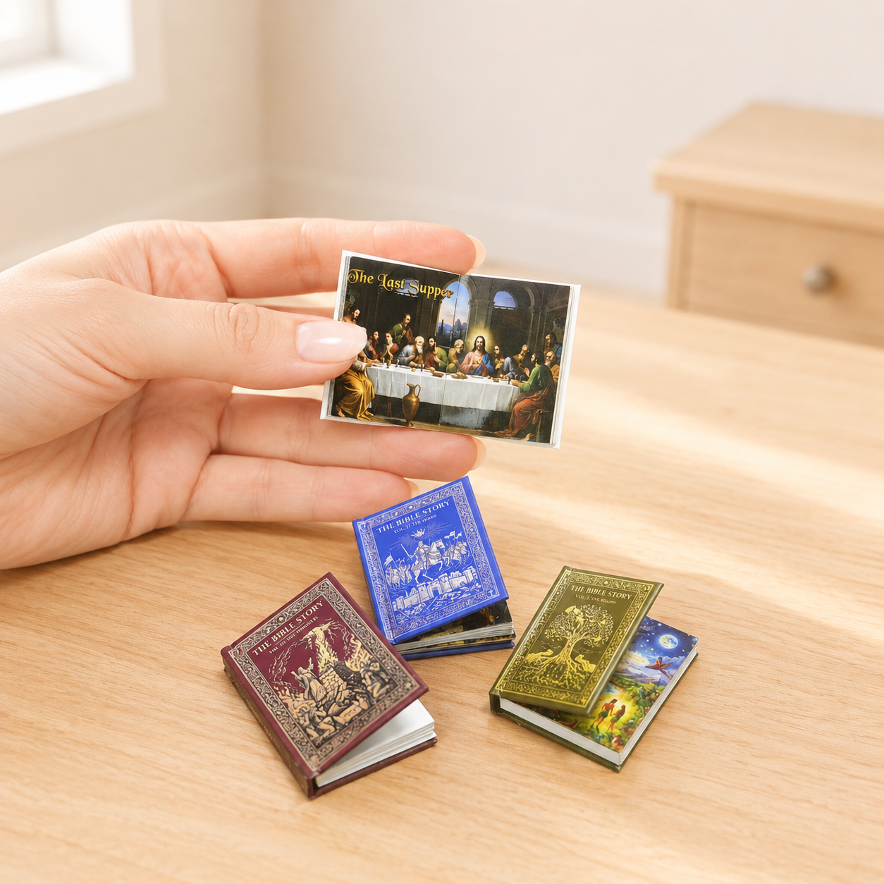 Miniature Bible Story Books - Set of 4 Hand-Finished 1:6 Scale Dollhouse Books with Gold-Embossed Covers & Real Full-Color Illustrated Pages, Readable Tiny Books for Blythe & Barbie Dioramas, Collectible Miniatures