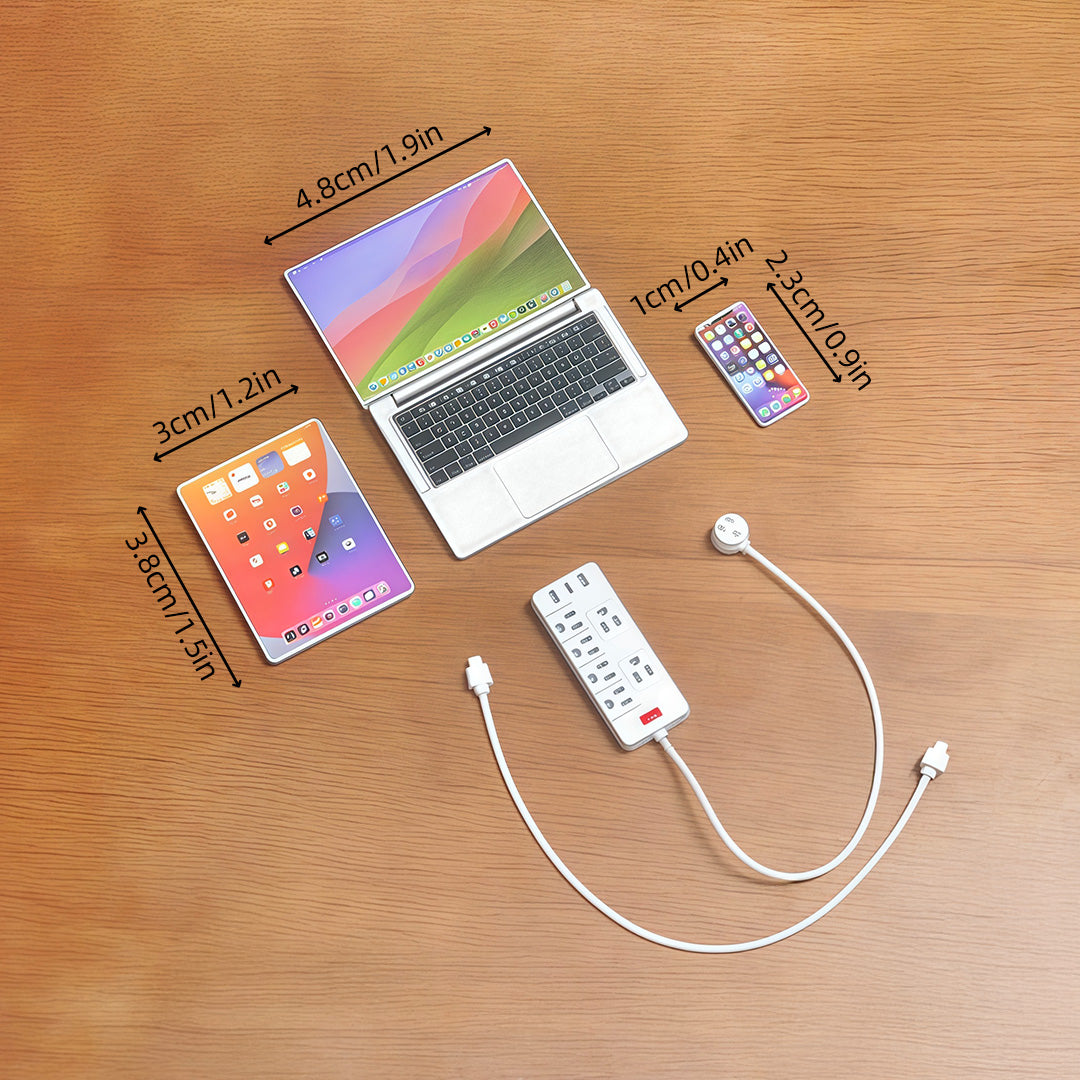 1:6 Scale Miniature Modern Tech Set - Dollhouse Laptop, Tablet, Smartphone & Power Strip - Realistic Office Accessories (Silvery Edition)