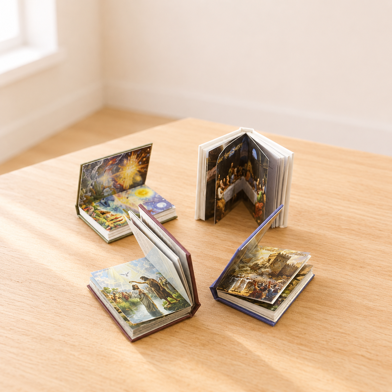 Miniature Bible Story Books - Set of 4 Hand-Finished 1:6 Scale Dollhouse Books with Gold-Embossed Covers & Real Full-Color Illustrated Pages, Readable Tiny Books for Blythe & Barbie Dioramas, Collectible Miniatures