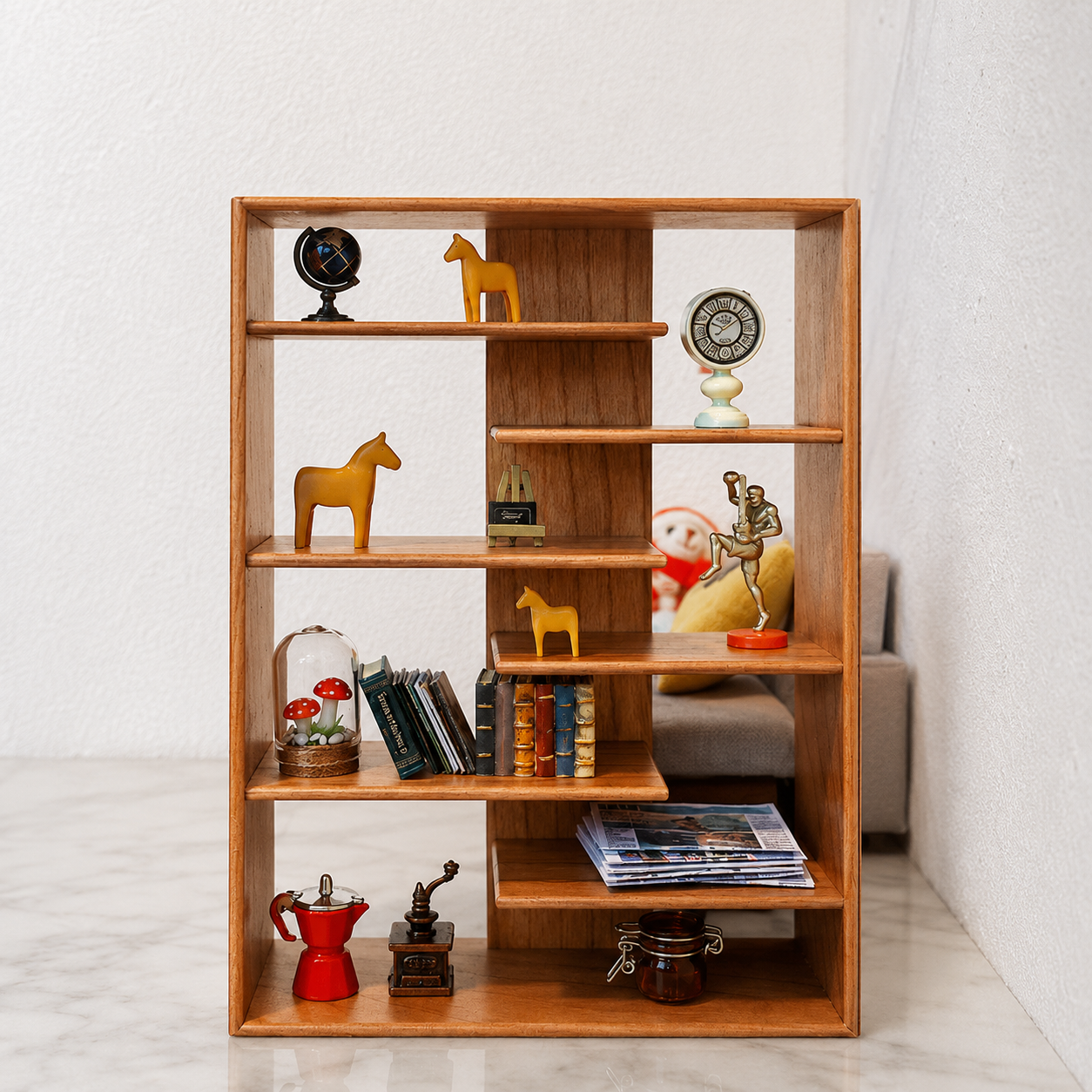 FDMINI Mini Wooden Bookshelf – 2 Wood Finishes Miniature Display Shelf & Shelving Unit for 1:12 Scale Dollhouse, Roombox & DIY Scenes