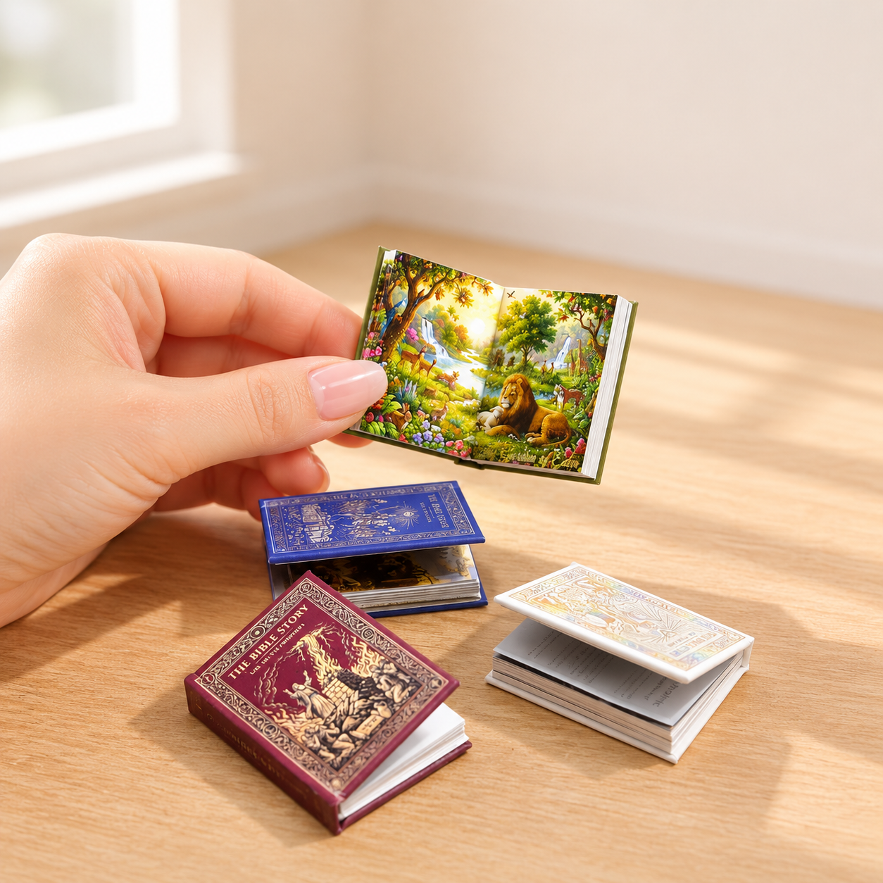 Miniature Bible Story Books - Set of 4 Hand-Finished 1:6 Scale Dollhouse Books with Gold-Embossed Covers & Real Full-Color Illustrated Pages, Readable Tiny Books for Blythe & Barbie Dioramas, Collectible Miniatures