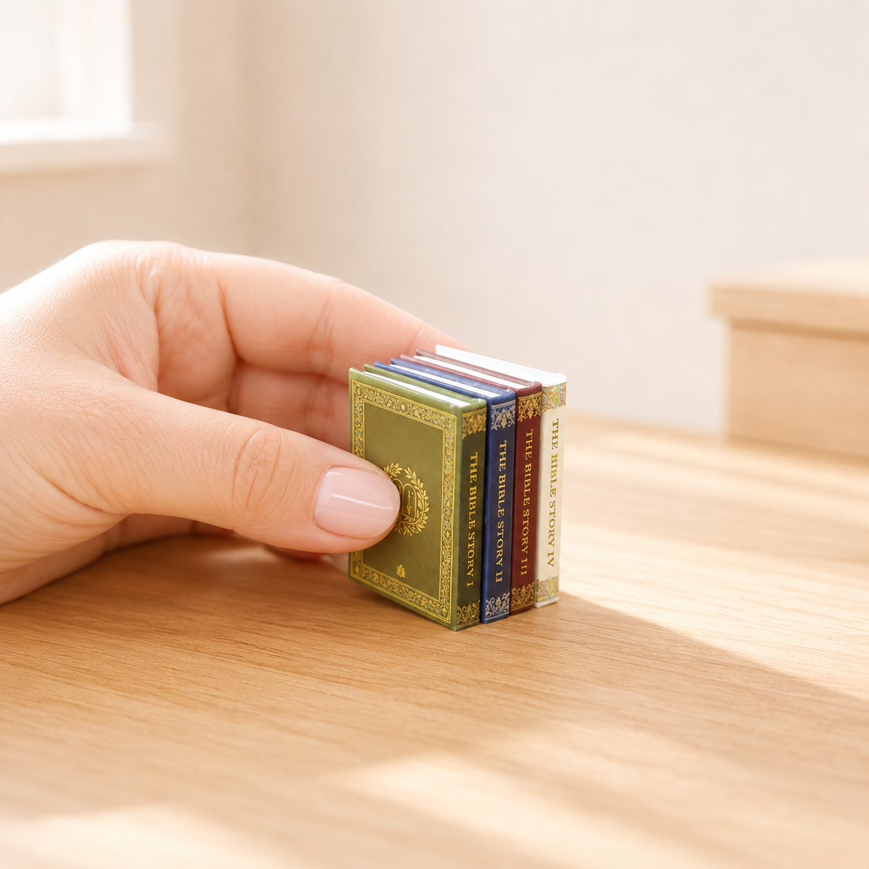 Miniature Bible Story Books - Set of 4 Hand-Finished 1:6 Scale Dollhouse Books with Gold-Embossed Covers & Real Full-Color Illustrated Pages, Readable Tiny Books for Blythe & Barbie Dioramas, Collectible Miniatures