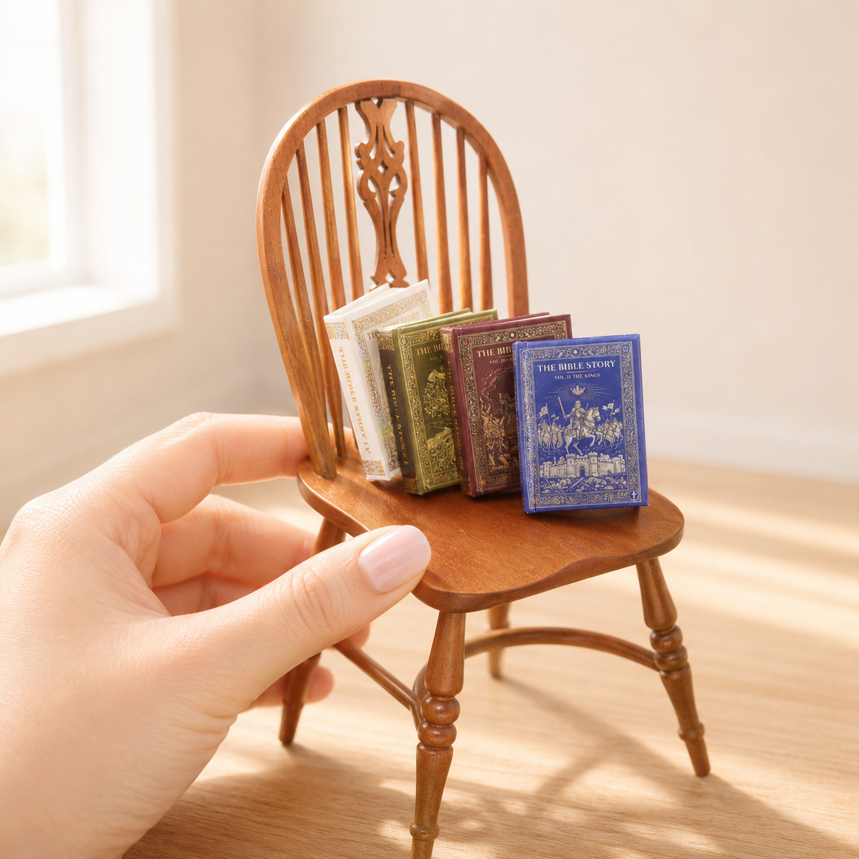 Miniature Bible Story Books - Set of 4 Hand-Finished 1:6 Scale Dollhouse Books with Gold-Embossed Covers & Real Full-Color Illustrated Pages, Readable Tiny Books for Blythe & Barbie Dioramas, Collectible Miniatures