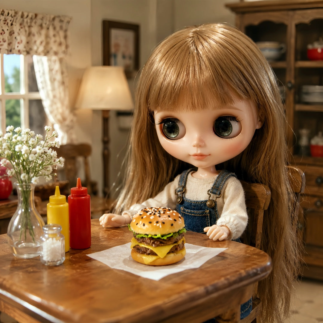 Miniature Cheeseburger – Hand-Sculpted 1:6 Scale Dollhouse Double Cheeseburger with Sesame Bun, Stacked Patties, Melting Cheese & Lettuce, Realistic Tiny Fast Food for Blythe & Barbie Dioramas, Resin Jewelry & Polymer Clay Food