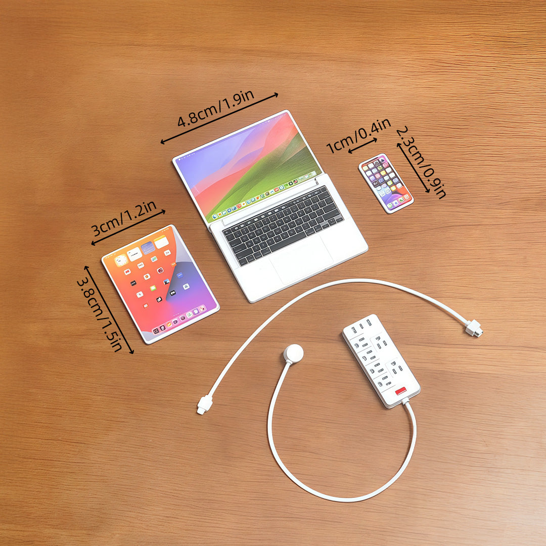 1:6 Scale Miniature Modern Tech Set - Dollhouse Laptop, Tablet, Smartphone & Power Strip - Realistic Office Accessories (White Edition)