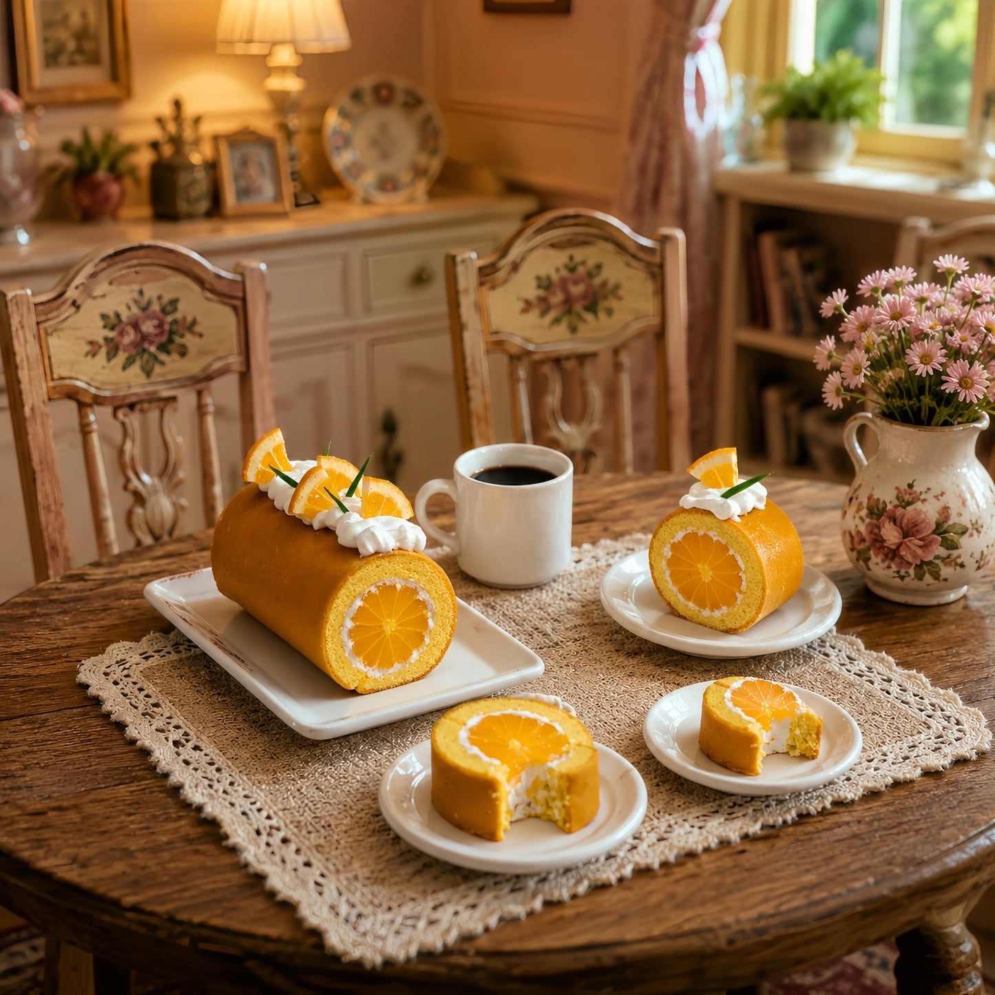 Miniature Orange Swiss Roll Cake - Hand-Sculpted 1:6 Scale Dollhouse Cake Roll with Whole Orange Slice Center, Whipped Cream & Citrus Garnish, Realistic Tiny Dessert for Blythe & Barbie Dioramas, Polymer Clay Food
