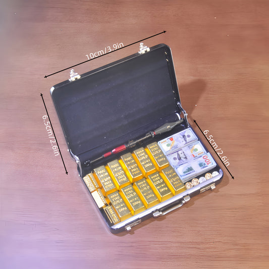 1:6 Scale Miniature Red Briefcase Set -Comes with 1 Heavy Weapon，Mini GoldenBars,  Miniature Bills and Antique Coins - Unique Adult Novelty Toys，Creative Gift and Dollhouse Accessories