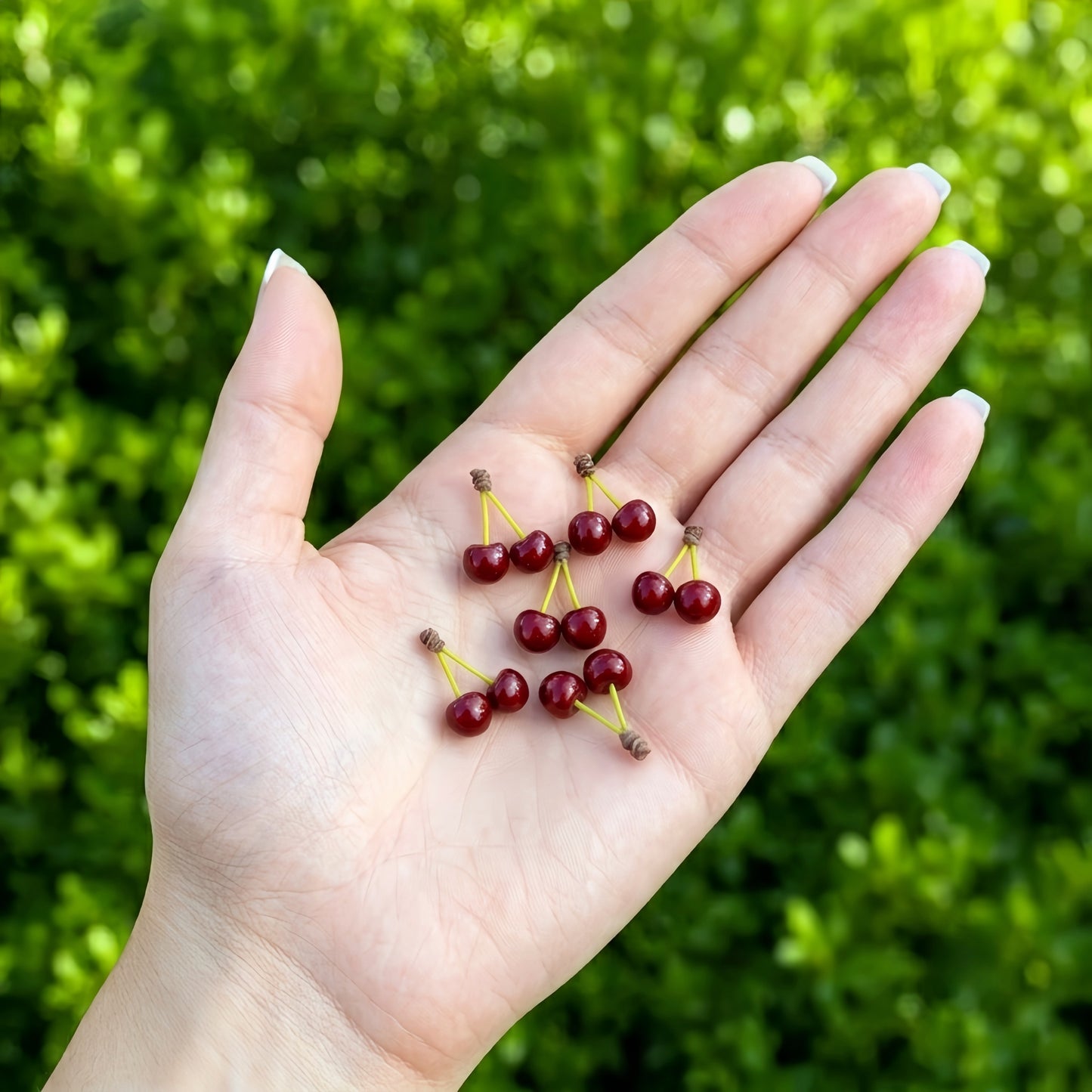 6Pcs Miniature Cherries(A set of two) - Hand-Sculpted 1:6 Scale Red Cherry Pairs on Stems, Glossy Dark-Red Fruit, Realistic Dollhouse Fruit for Blythe & Barbie Dioramas, Resin Jewelry & Polymer Clay Food