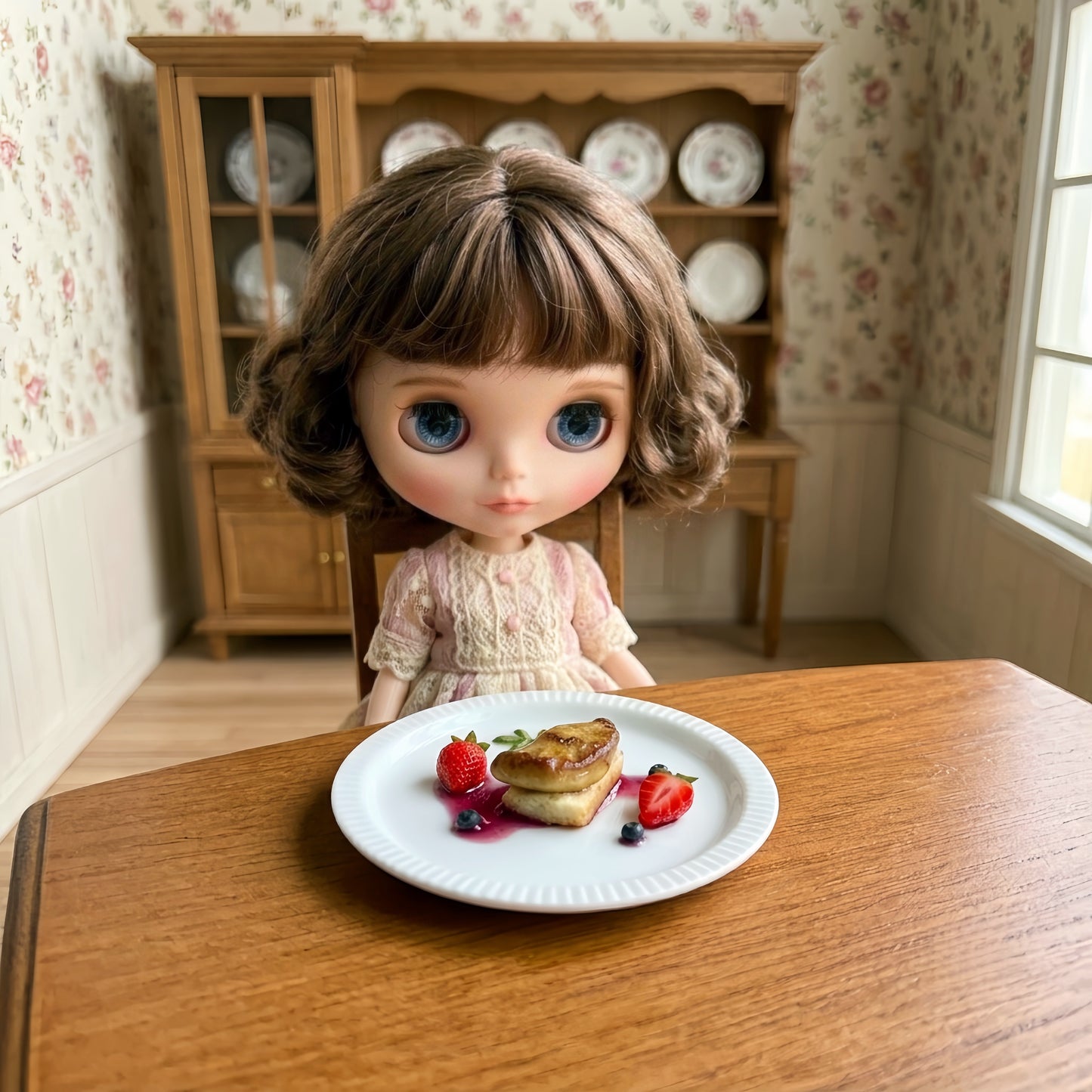 Miniature Seared Foie Gras - Hand-Sculpted 1:6 Scale Fine Dining Plated Dish with Berry Coulis, Strawberry & Blueberry Garnish on Brioche, Realistic Tiny Gourmet Food for Blythe & Barbie Dioramas, Polymer Clay Food