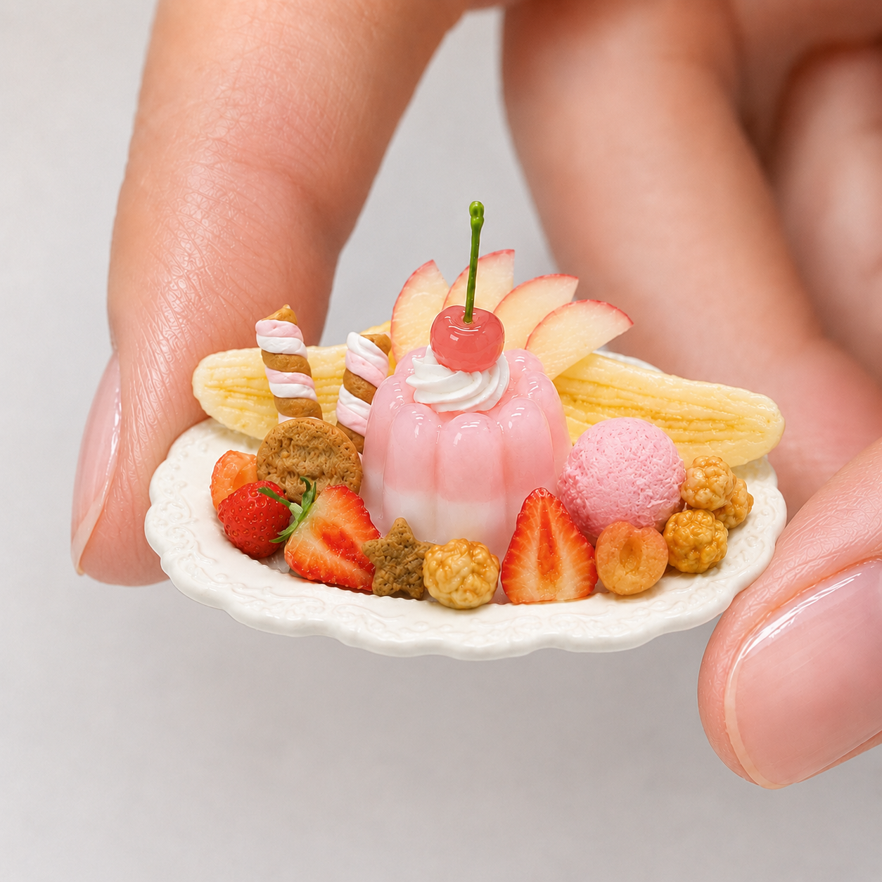 1:6 Scale Miniature Pink Rose Dessert Set – Dollhouse Fruit Tart, Jelly Parfait, Fruit Plate & Red Velvet Cupcake, Handmade Polymer Clay Kawaii Bakery Food for Blythe BJD Diorama