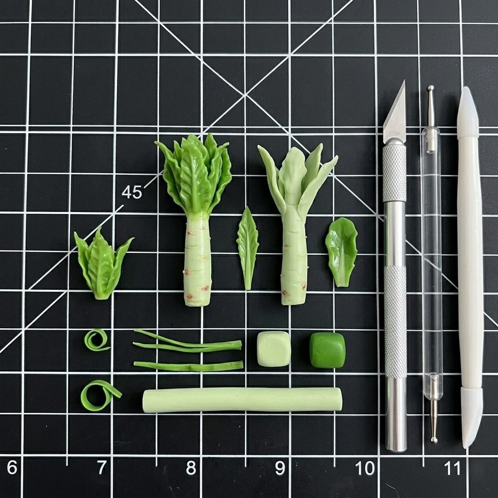 6Pcs Miniature Celtuce Set – Hand-Sculpted 1:6 Scale Chinese Stem Lettuce, Realistic Tiny Asian Vegetable for Blythe & Barbie Dollhouse Kitchens, Wet-Market & Stir-Fry Dioramas, Resin Jewelry & Polymer Clay Food