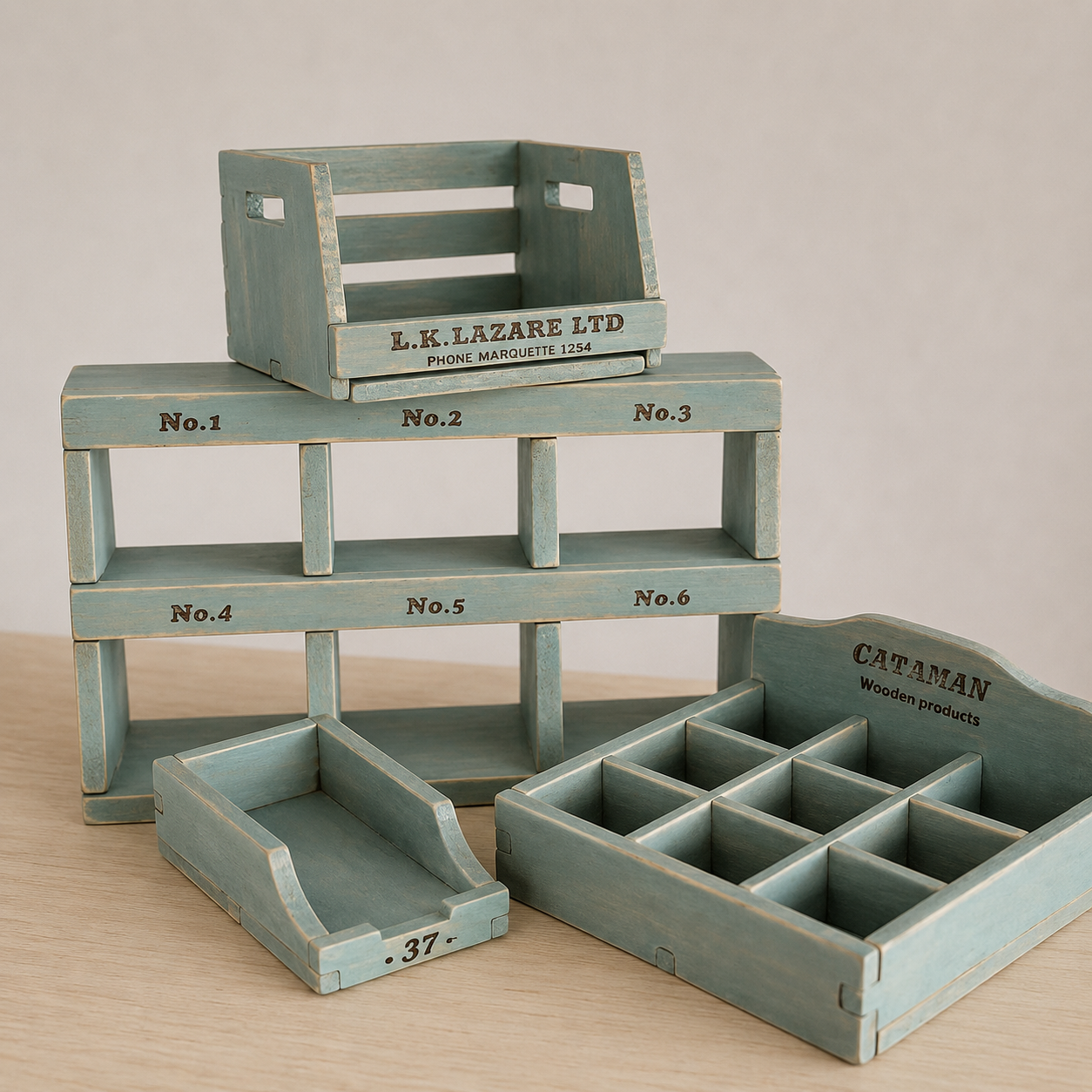FDMINI Mini Vintage Wooden Storage Set – 4-Piece Handmade Miniature Shelf, Crate & Divided Box in Antique Blue for 1:6 1:8 Scale Dollhouse, BJD & Blythe