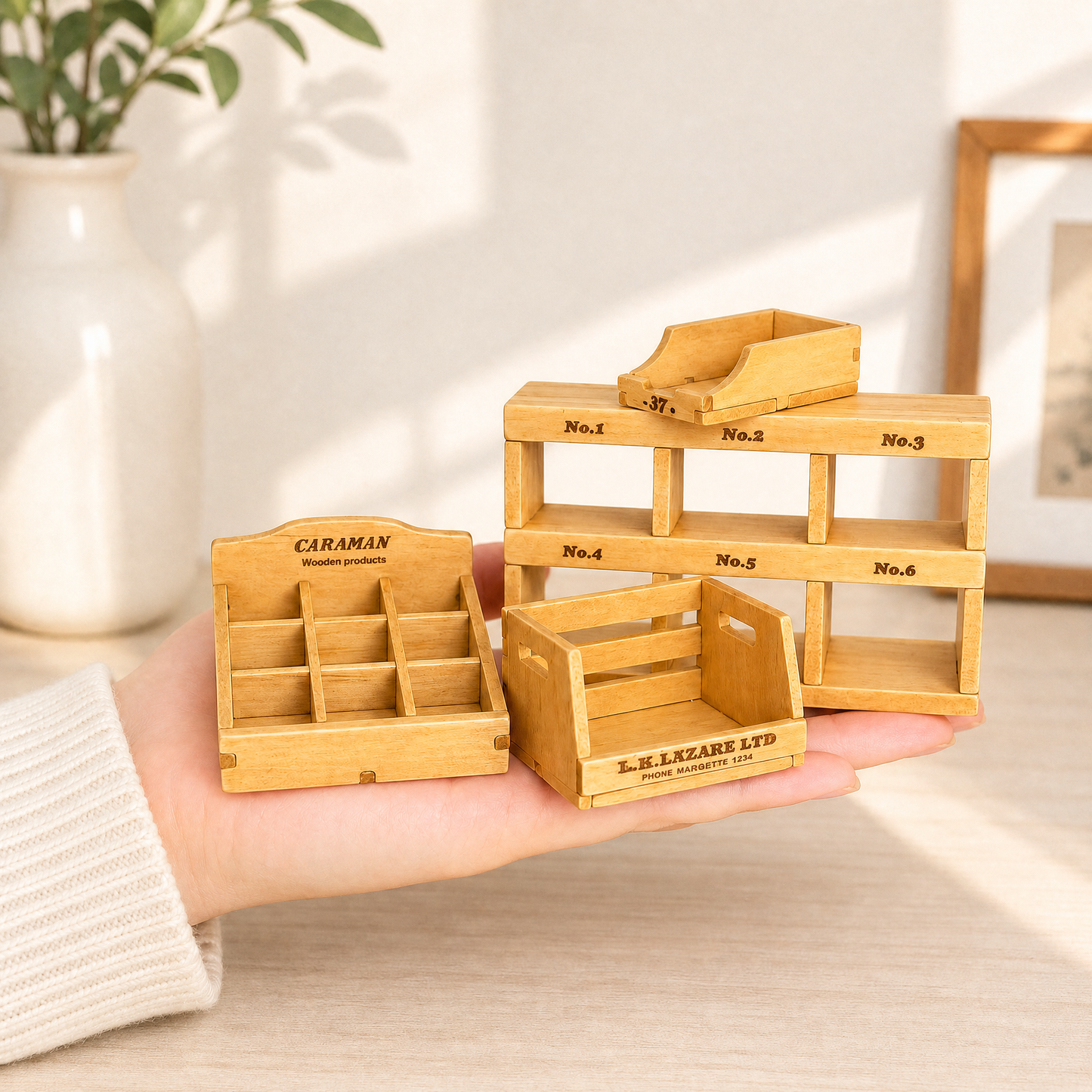 FDMINI Mini Vintage Wooden Storage Set – 4-Piece Handmade Miniature Shelf, Crate & Divided Box for 1:6 1:8 Scale Dollhouse, BJD & Blythe Scenes