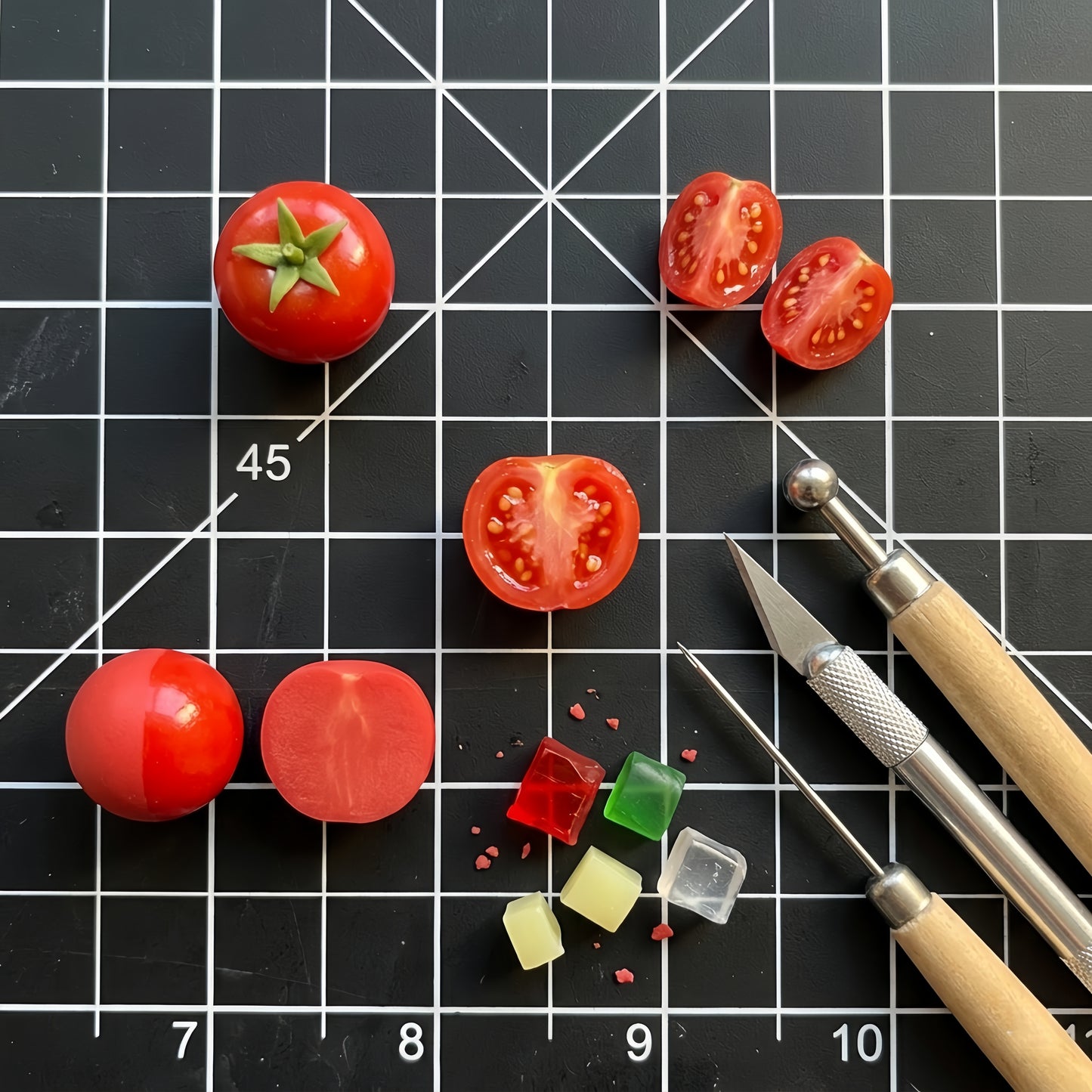 6Pcs Miniature Cherry Tomato Set – Hand-Sculpted 1:12 Scale Dollhouse Tomatoes with Halved Cross-Section, Translucent Pulp and Tiny Seeds, Realistic Produce for Italian Kitchen Dioramas, Salad Scenes & Polymer Clay Food Miniatures