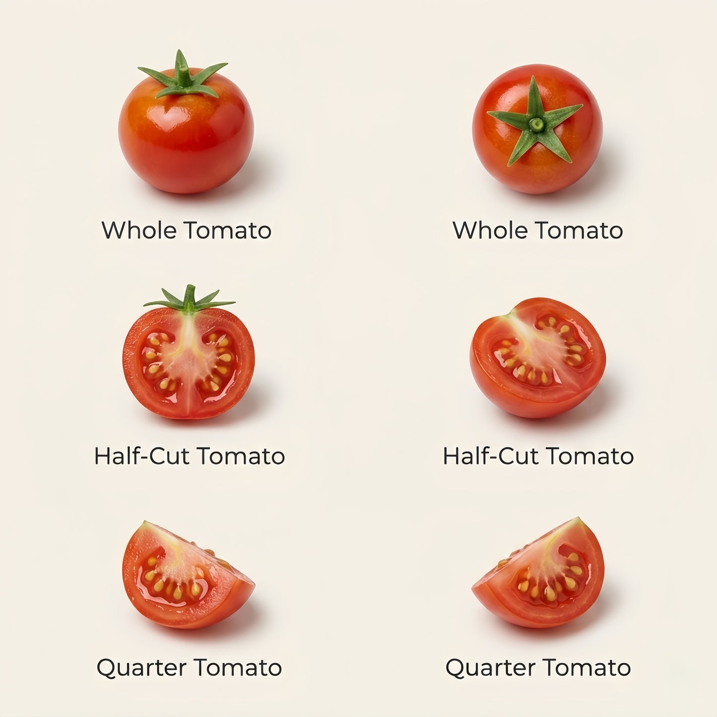 6Pcs Miniature Cherry Tomato Set – Hand-Sculpted 1:12 Scale Dollhouse Tomatoes with Halved Cross-Section, Translucent Pulp and Tiny Seeds, Realistic Produce for Italian Kitchen Dioramas, Salad Scenes & Polymer Clay Food Miniatures