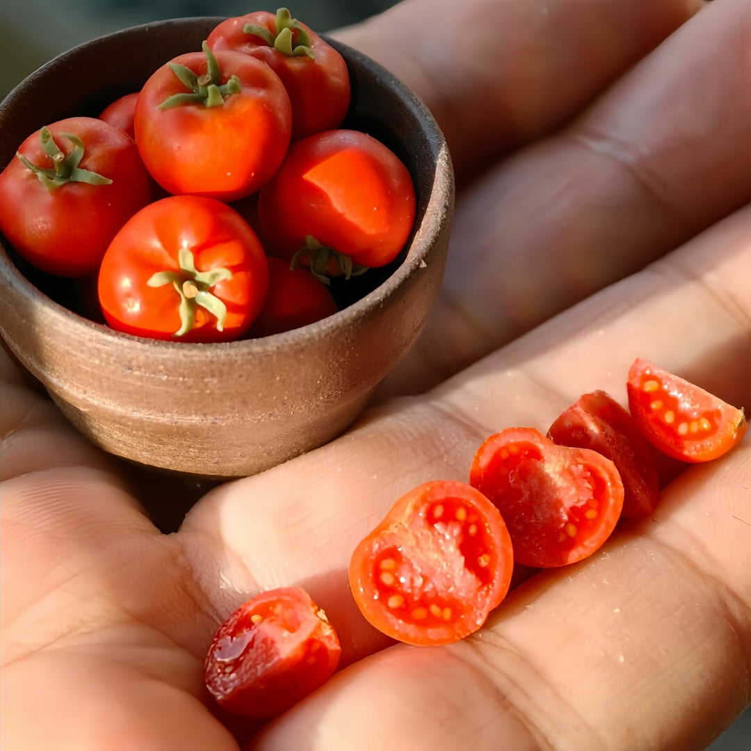 6Pcs Miniature Cherry Tomato Set – Hand-Sculpted 1:12 Scale Dollhouse Tomatoes with Halved Cross-Section, Translucent Pulp and Tiny Seeds, Realistic Produce for Italian Kitchen Dioramas, Salad Scenes & Polymer Clay Food Miniatures