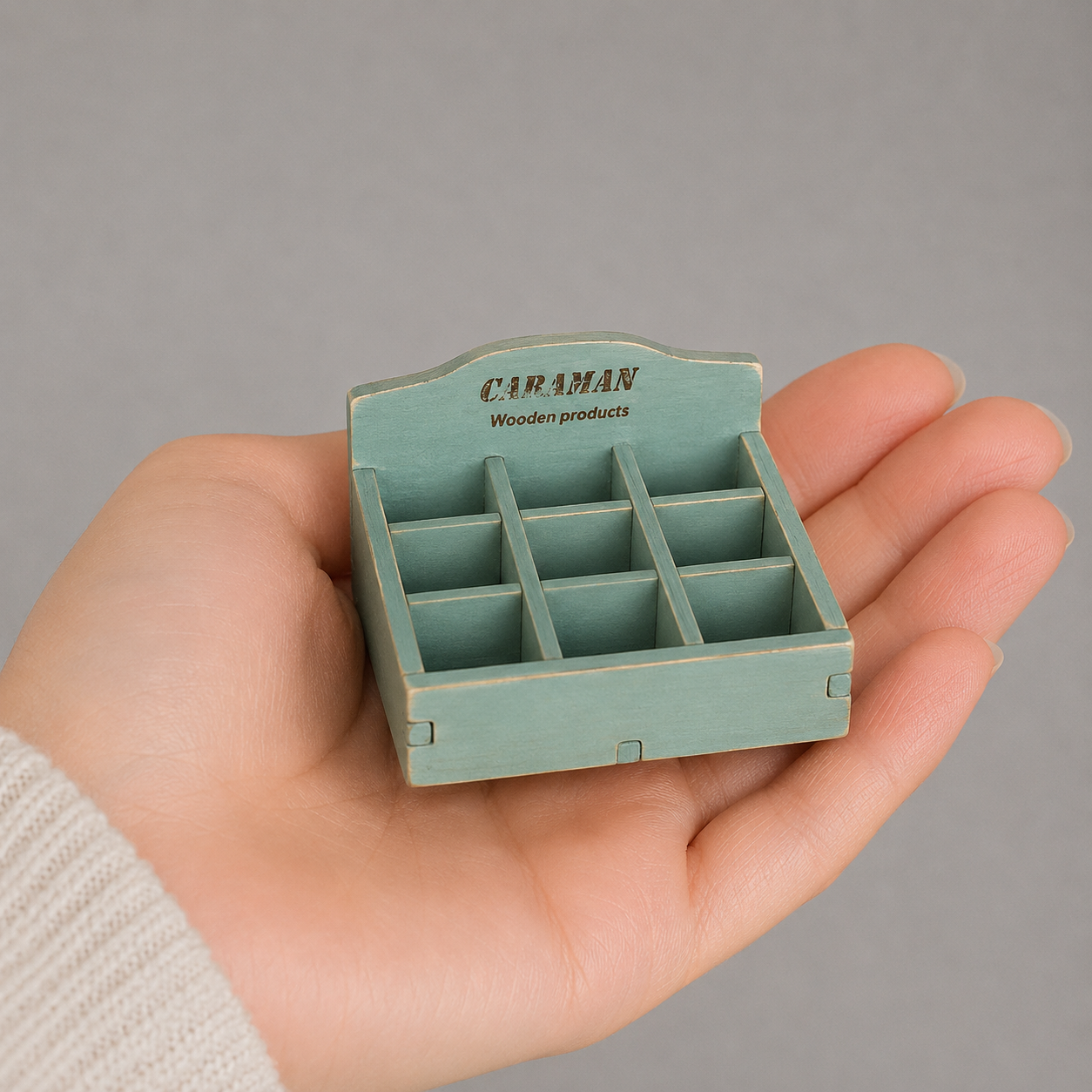 FDMINI Mini Vintage Wooden Storage Set – 4-Piece Handmade Miniature Shelf, Crate & Divided Box in Antique Blue for 1:6 1:8 Scale Dollhouse, BJD & Blythe