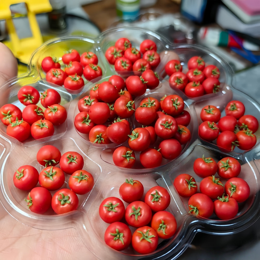 6Pcs Miniature Cherry Tomato Set – Hand-Sculpted 1:12 Scale Dollhouse Tomatoes with Halved Cross-Section, Translucent Pulp and Tiny Seeds, Realistic Produce for Italian Kitchen Dioramas, Salad Scenes & Polymer Clay Food Miniatures