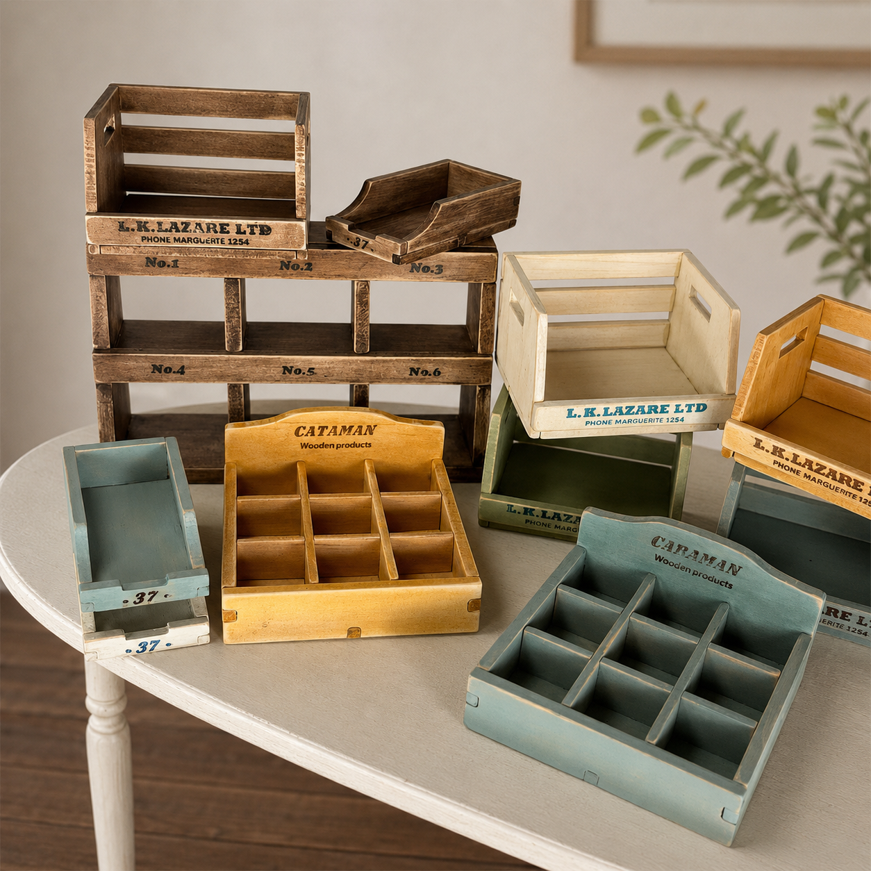 FDMINI Mini Vintage Wooden Storage Set – 4-Piece Handmade Miniature Shelf, Crate & Divided Box in Antique Blue for 1:6 1:8 Scale Dollhouse, BJD & Blythe