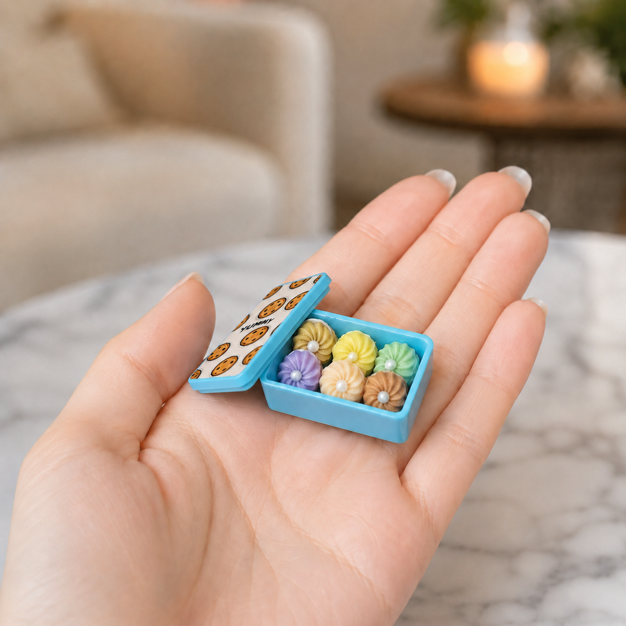 FDMINI Mini Cookie Tin – 5 Colors Miniature Biscuit Box with 6 Piped Cookies & Removable Lid for 1:12 Dollhouse Kitchen & Afternoon Tea Scenes