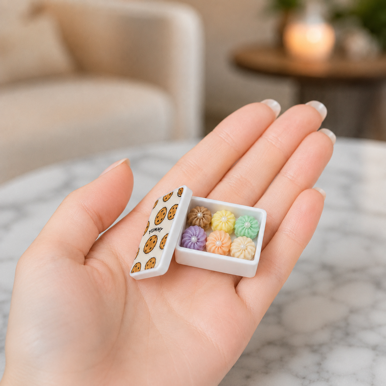FDMINI Mini Cookie Tin – 5 Colors Miniature Biscuit Box with 6 Piped Cookies & Removable Lid for 1:12 Dollhouse Kitchen & Afternoon Tea Scenes