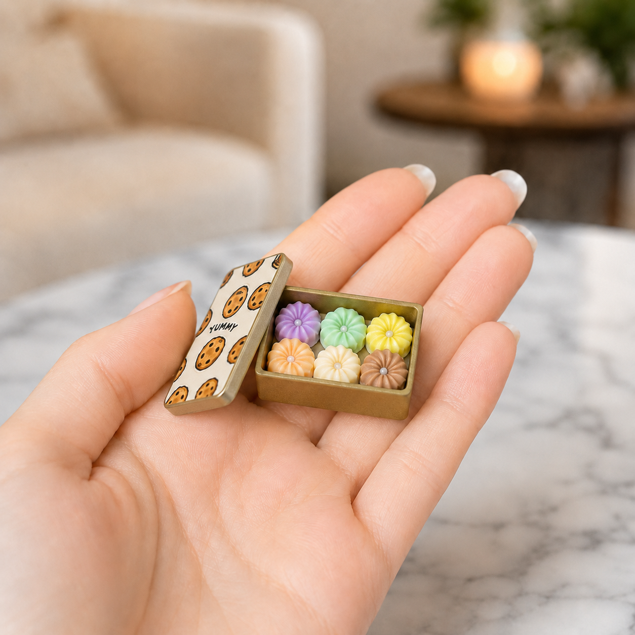 FDMINI Mini Cookie Tin – 5 Colors Miniature Biscuit Box with 6 Piped Cookies & Removable Lid for 1:12 Dollhouse Kitchen & Afternoon Tea Scenes