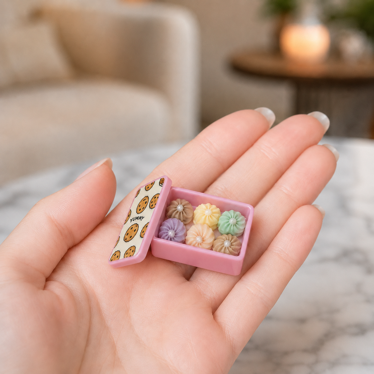 FDMINI Mini Cookie Tin – 5 Colors Miniature Biscuit Box with 6 Piped Cookies & Removable Lid for 1:12 Dollhouse Kitchen & Afternoon Tea Scenes