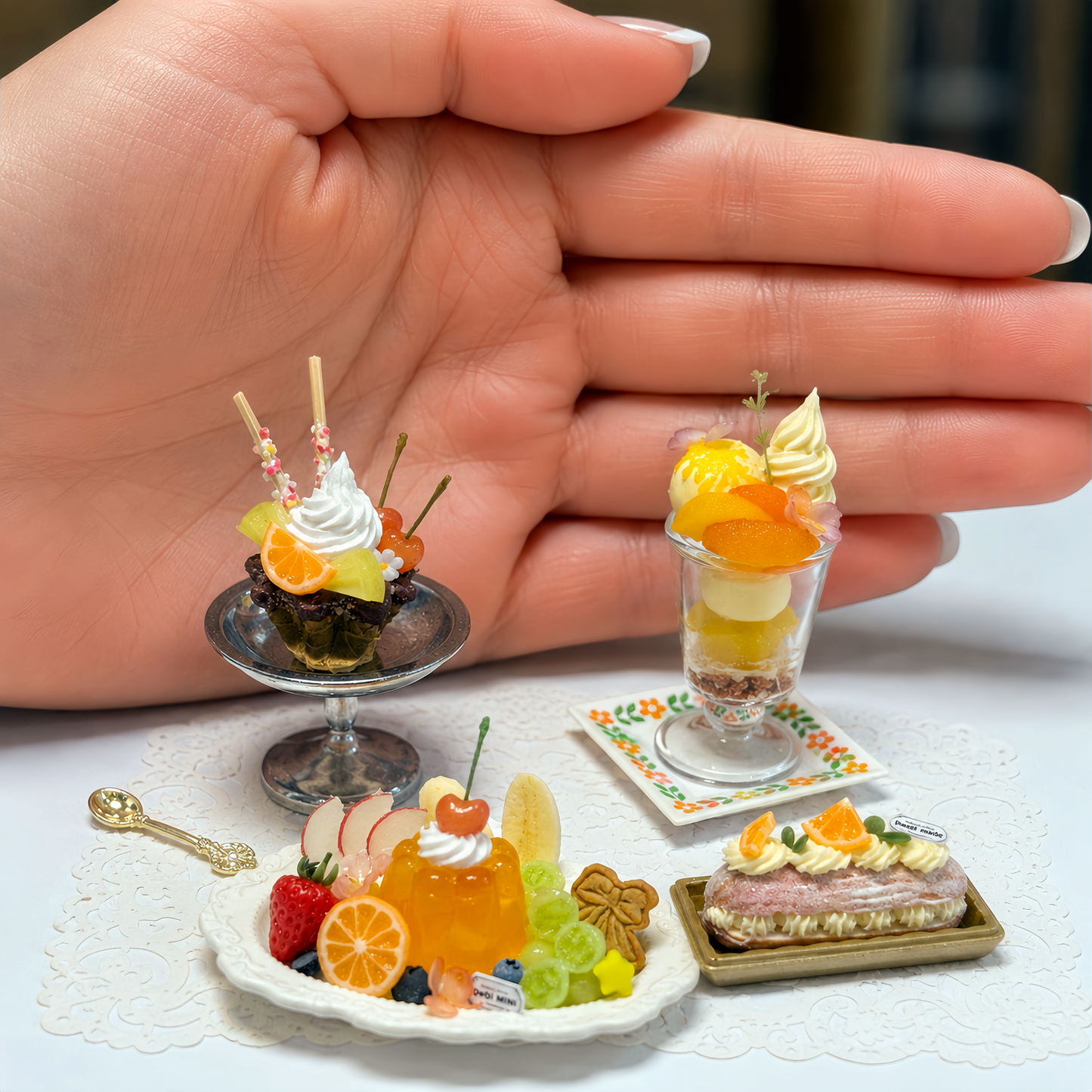 1:6 Scale Miniature Orange Citrus Dessert Set – Dollhouse Chocolate Sundae Cup, Orange Parfait, Fruit Jelly Platter & Orange Cream Puff, Handmade Polymer Clay Café Food for Blythe BJD Diorama