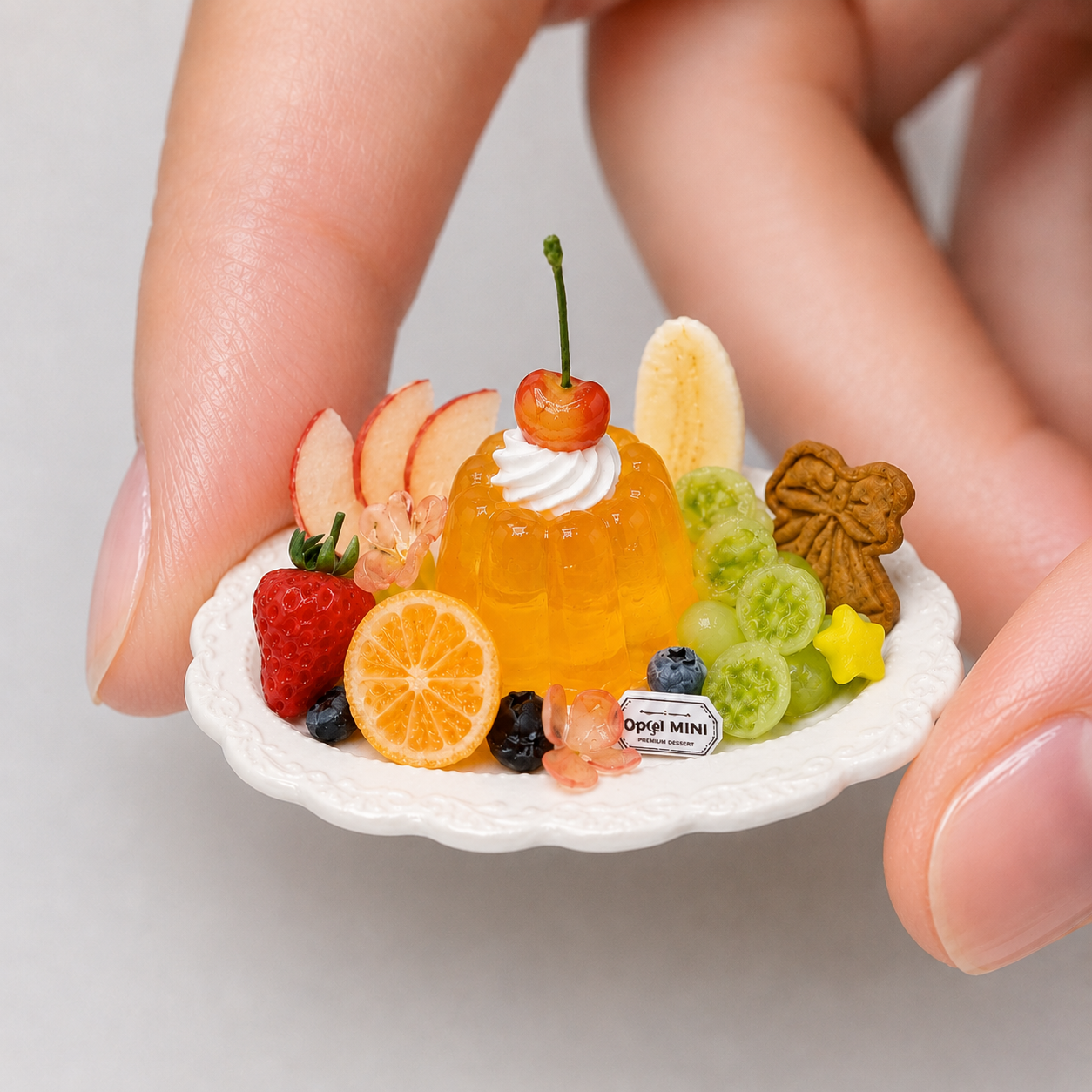 1:6 Scale Miniature Orange Citrus Dessert Set – Dollhouse Chocolate Sundae Cup, Orange Parfait, Fruit Jelly Platter & Orange Cream Puff, Handmade Polymer Clay Café Food for Blythe BJD Diorama