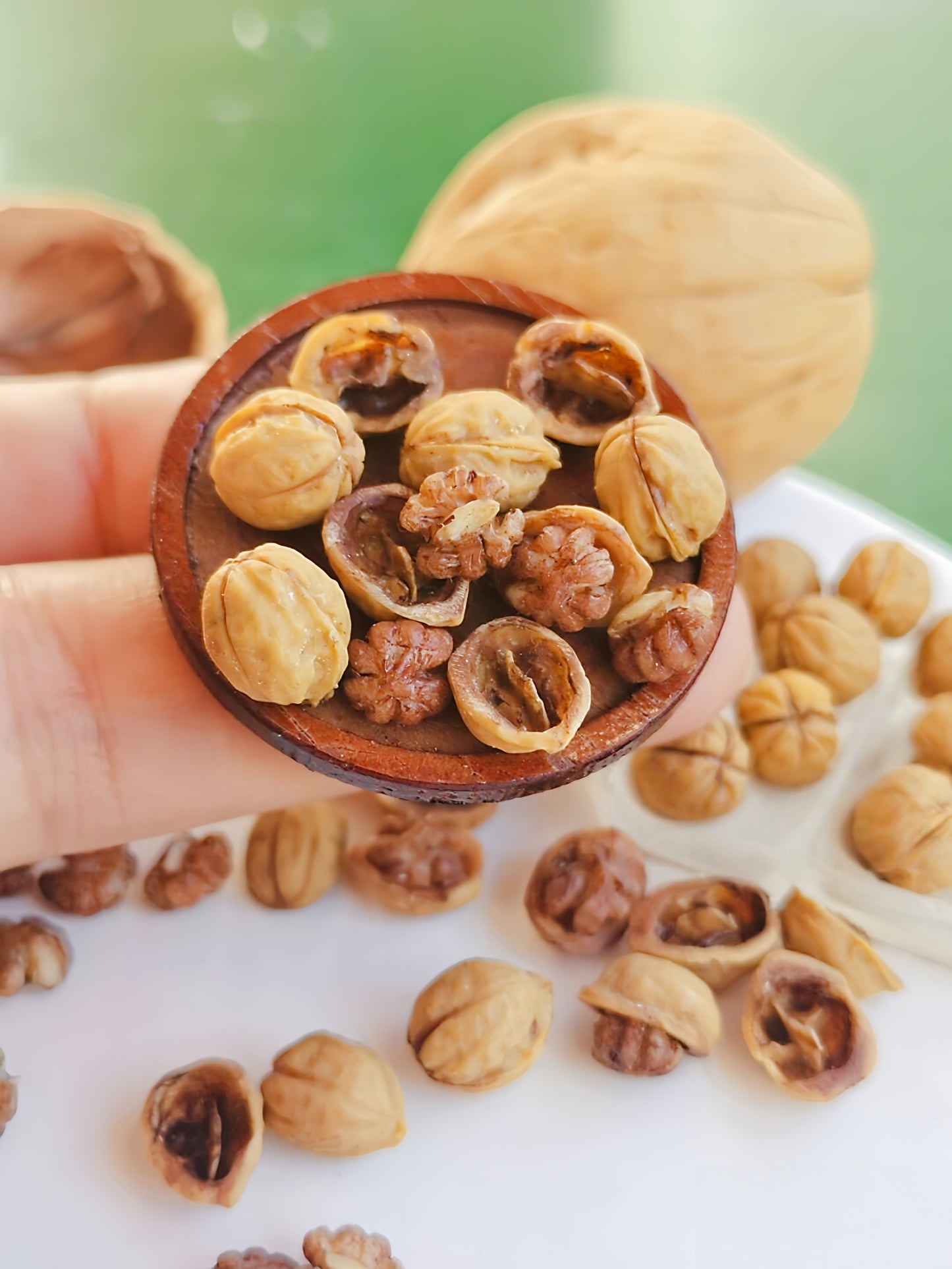 8Pcs Miniature Walnut Set – Hand-Sculpted 1:6 Scale Dollhouse Walnuts with Shell, Half-Cracked and Loose Nutmeat, Realistic Tiny Nuts for Dioramas, Resin Jewelry & Polymer Clay Food Miniatures