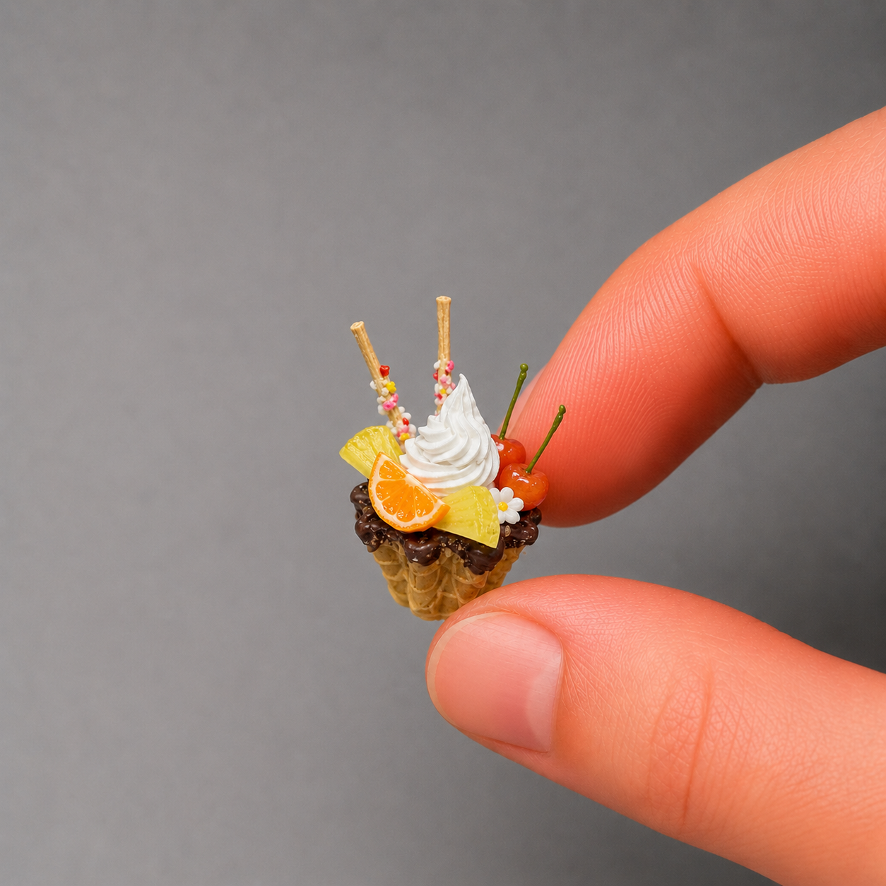1:6 Scale Miniature Orange Citrus Dessert Set – Dollhouse Chocolate Sundae Cup, Orange Parfait, Fruit Jelly Platter & Orange Cream Puff, Handmade Polymer Clay Café Food for Blythe BJD Diorama