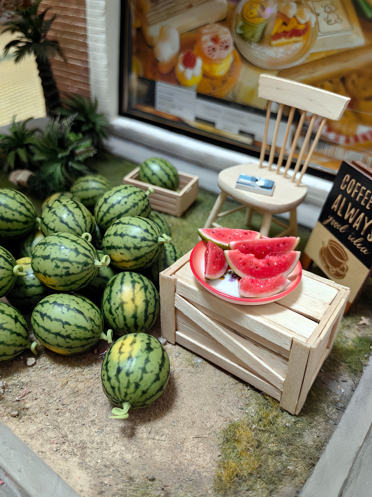 7Pcs Miniature Watermelon Set – Hand-Sculpted 1:6 Scale Watermelon, Whole/Halved/Sliced/Bitten, Realistic Summer Fruit for Blythe & Barbie Dioramas, Resin Jewelry & Polymer Clay Miniatures
