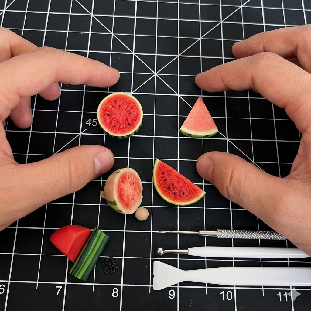 7Pcs Miniature Watermelon Set – Hand-Sculpted 1:6 Scale Watermelon, Whole/Halved/Sliced/Bitten, Realistic Summer Fruit for Blythe & Barbie Dioramas, Resin Jewelry & Polymer Clay Miniatures