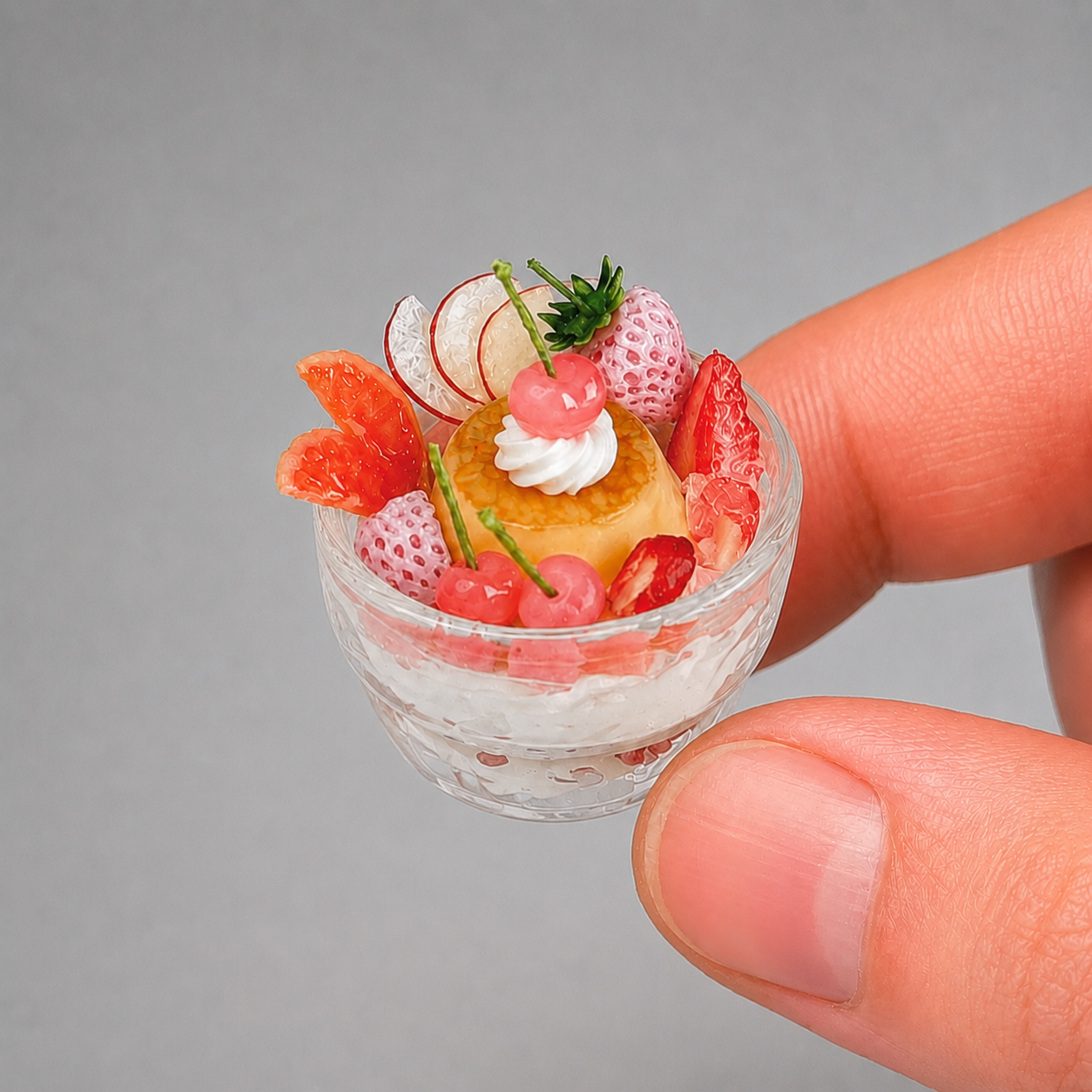 1:6 Scale Miniature Peach & Strawberry Café Collection – 4 Styles Dollhouse Caramel Pudding Platter, Strawberry Parfait, Layered Fruit Cup & Pink Ice Cream Soda, Handmade Polymer Clay Kawaii Food for Blythe BJD Diorama