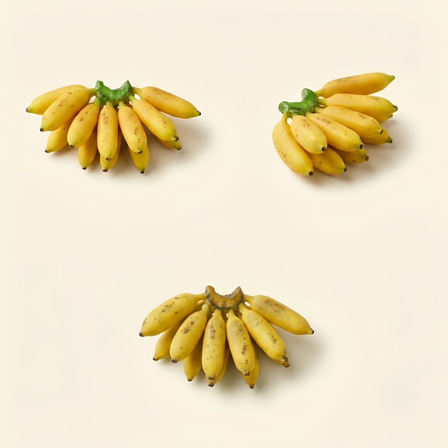 3Pcs Miniature Banana Bunch - Hand-Sculpted 1:6 Scale Ripe Lady Finger Bananas with Green Stem & Sugar Spots, Realistic Dollhouse Fruit for Blythe & Barbie Dioramas, Polymer Clay Food