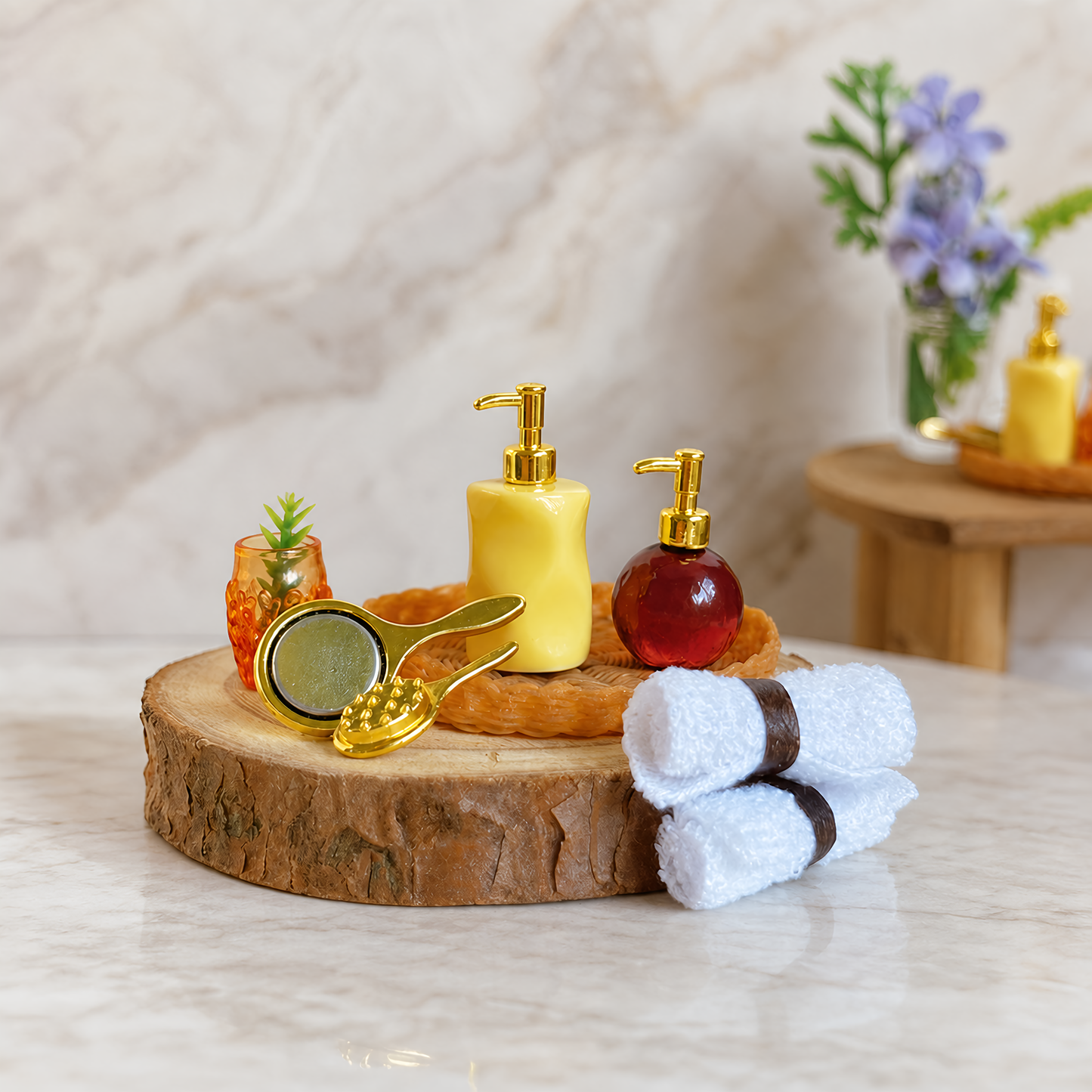 FDMINI Mini Bathroom Vanity Tray Set – 2 Styles Miniature Soap Dispensers, Towels & Accessories for 1:12 Scale Dollhouse & Roombox